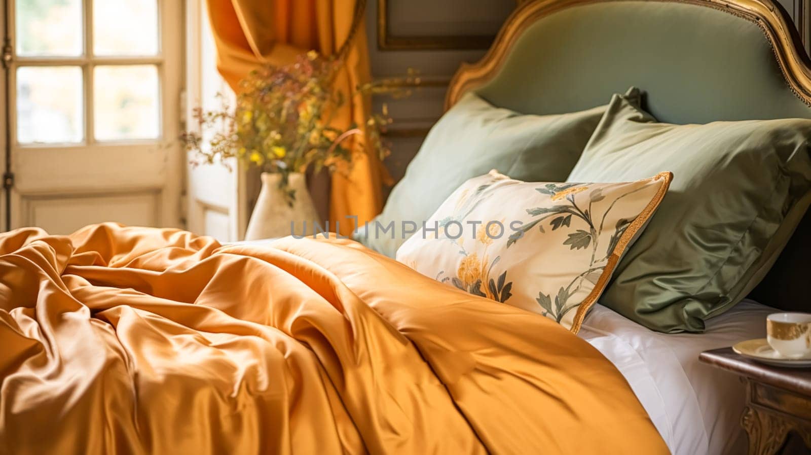 Bedroom decor, interior design and autumnal home decor, bed with silk satin bedding, bespoke furniture and autumn decoration, English country house, holiday rental and cottage style by Anneleven