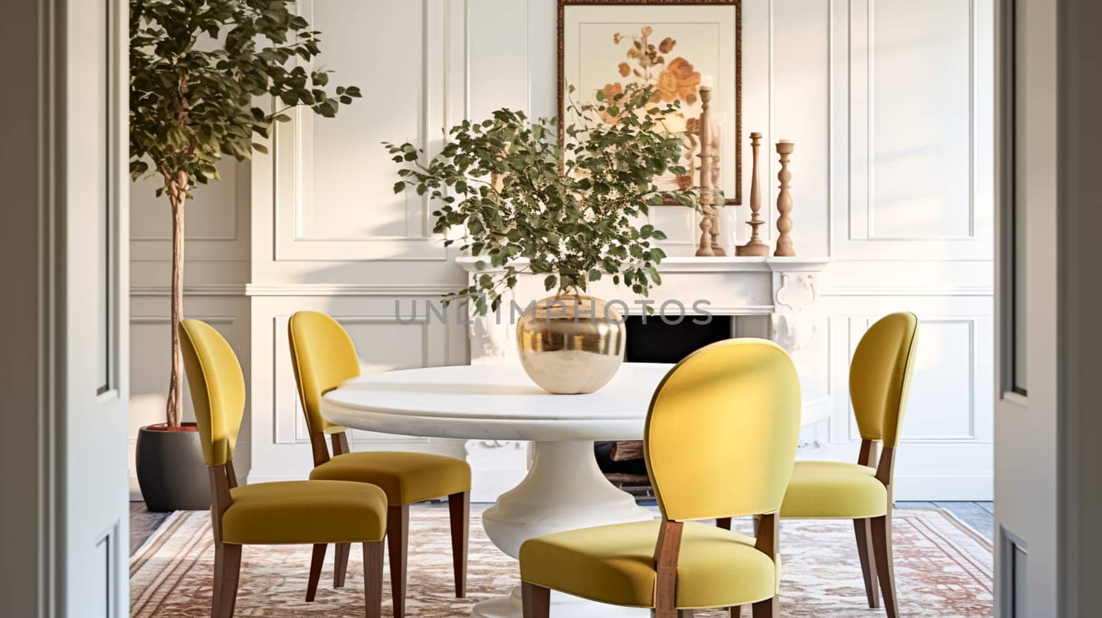 Modern cottage dining room decor, interior design and country house furniture, home decor, table and yellow chairs, English countryside style interiors