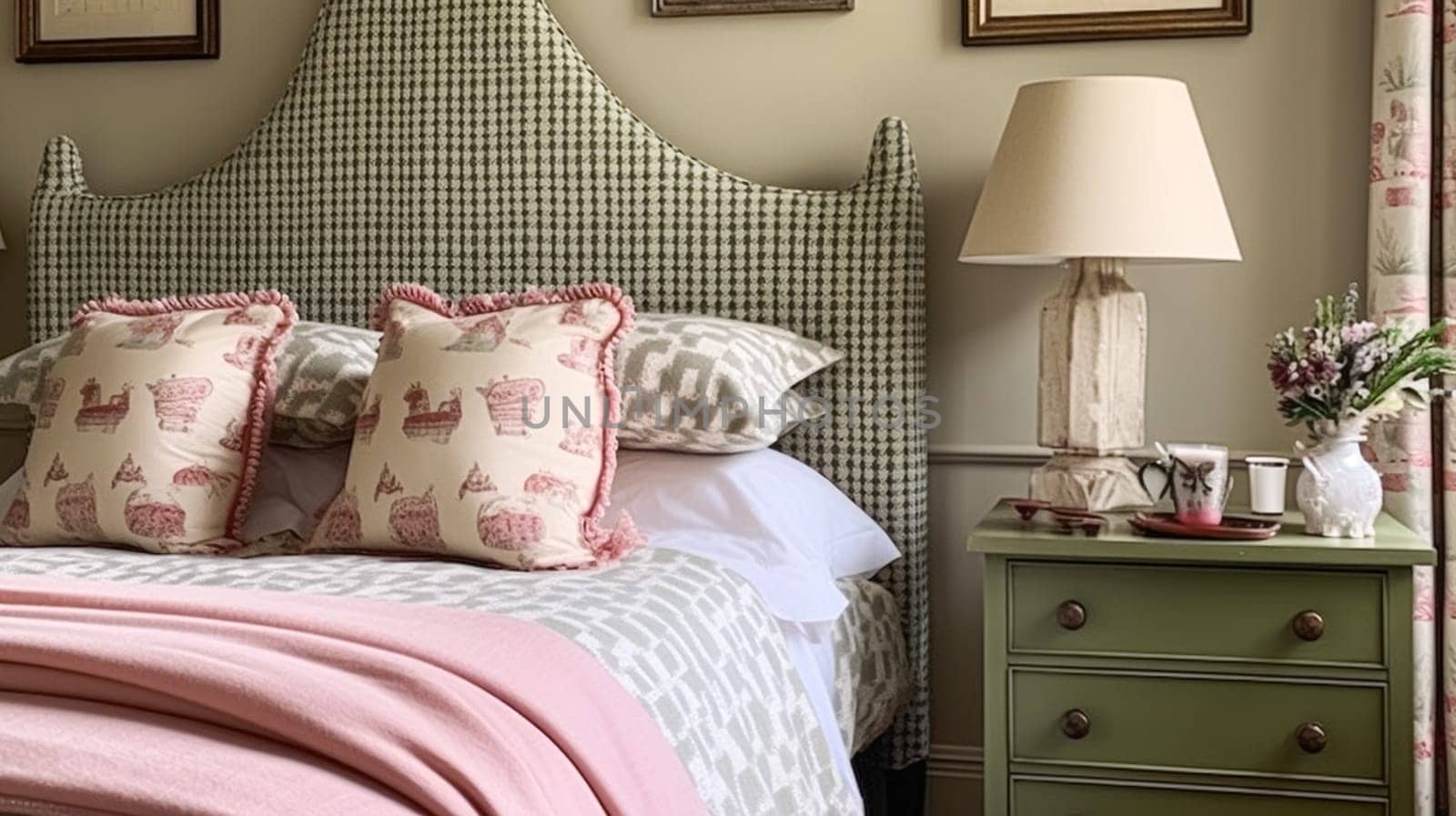 English cottage bedroom interior with pink and sage green decor by Anneleven