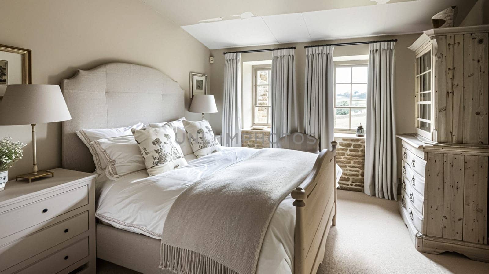 Cotswolds cottage style bedroom decor, interior design and home decor, bed with elegant bedding and bespoke furniture, English countryside house or holiday rental