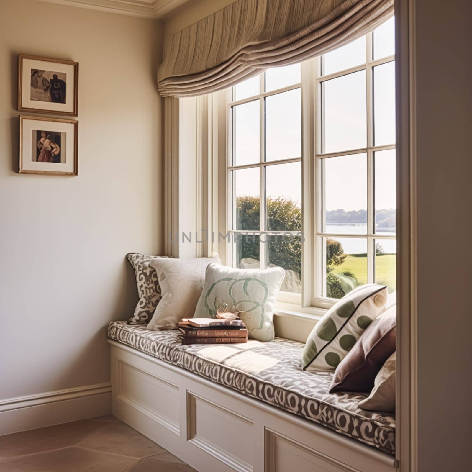 Window seat, interior design and comfort at home, reading nook with cushions and decor in a country house, English cottage style, post-processed, generative ai