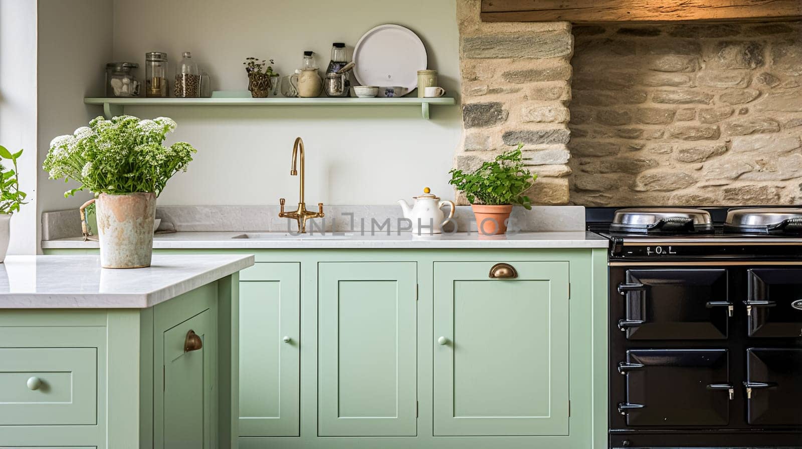 Mint cottage kitchen interior design, home decor and house improvement, English in frame kitchen cabinets in a country house by Anneleven