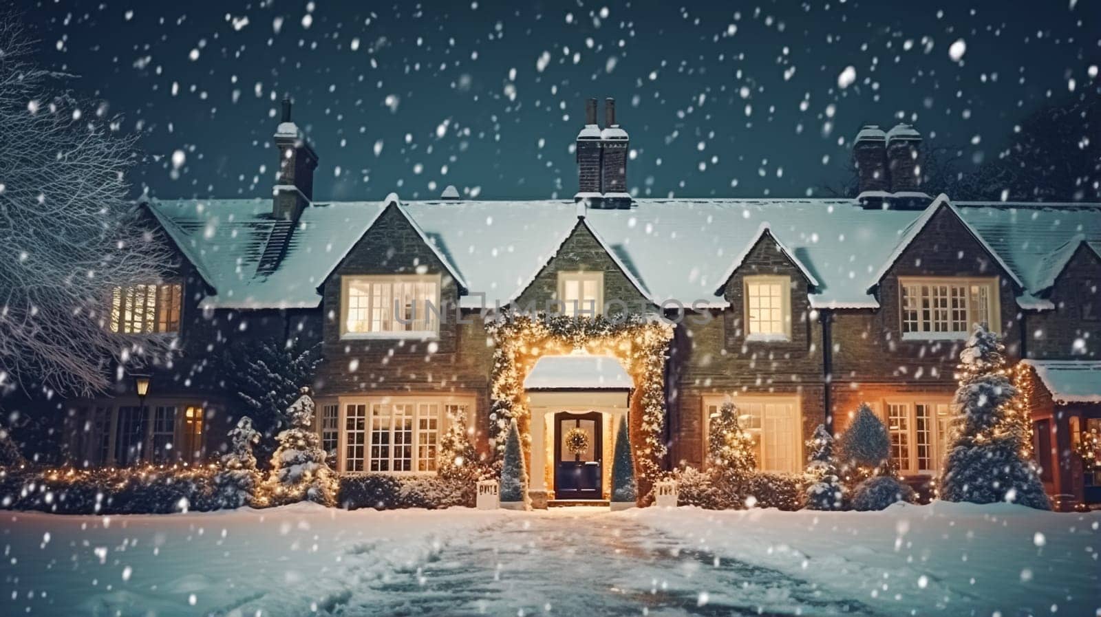 Christmas in the countryside manor, English country house mansion decorated for holidays on a snowy winter evening with snow and holiday lights, Merry Christmas and Happy Holidays design