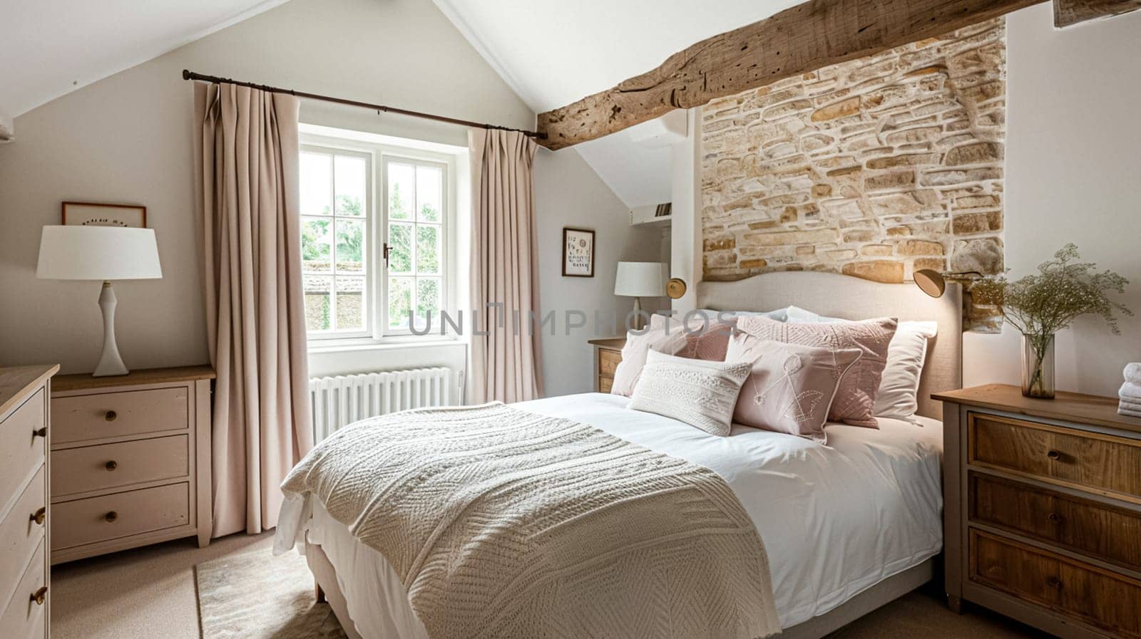 Cotswolds cottage style bedroom decor, interior design and home decor, bed with elegant bedding and bespoke furniture, English countryside house or holiday rental by Anneleven