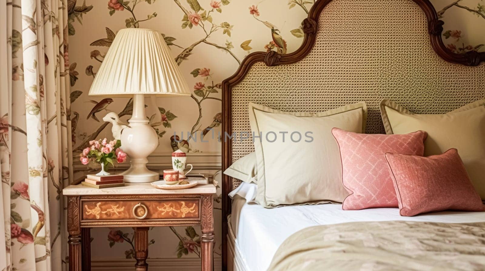 Charming bedroom decor, interior design and home decor, bed with elegant bedding and bespoke furniture, English country house, holiday rental and cottage style interiors