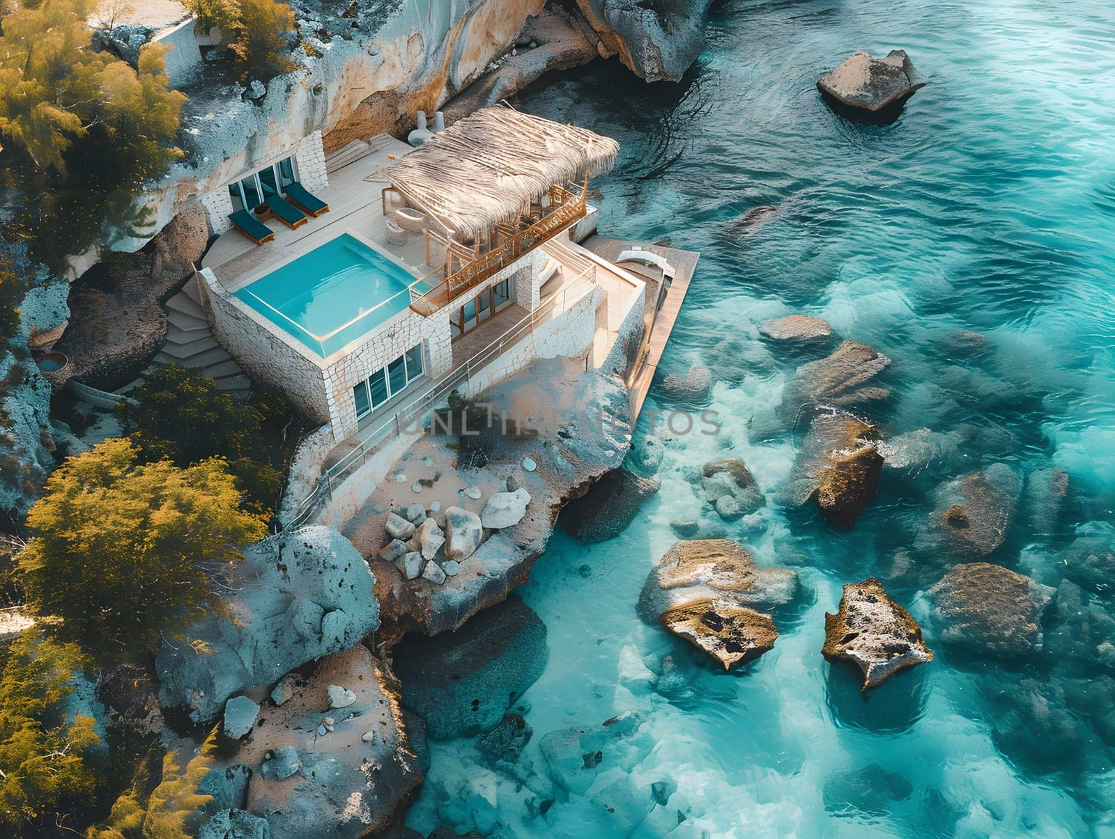 An urban design house sits on a rocky cliff with an azure ocean view. The natural landscape creates a stunning backdrop for leisure and travel