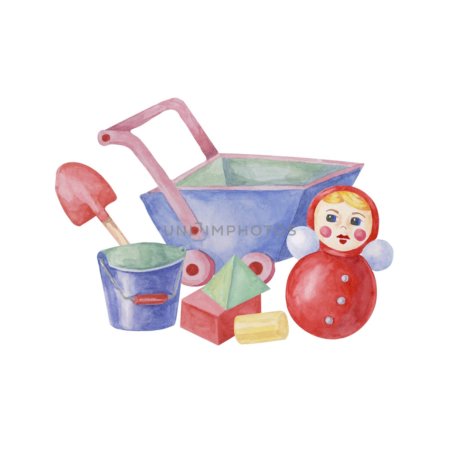 Toy bucket, shovel, wheelbarrow, blocks and roly-poly. Beach play clipart, retro tumbler doll watercolor illustration for kids party invitation by Fofito