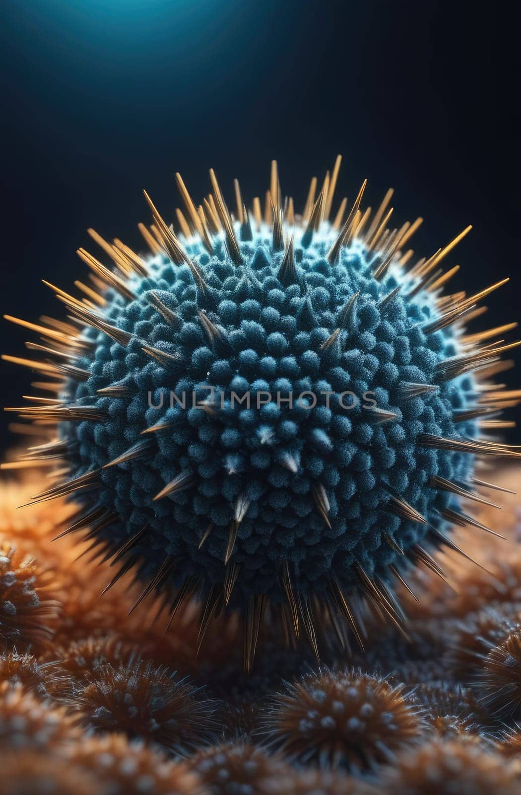 Coronavirus COVID-19 virus under a microscope in a blood sample. Virus X. Bacterial outbreak. New, unknown virus cells. Flu. Engineering virus, scientific biology. Disease concept. by ketlit