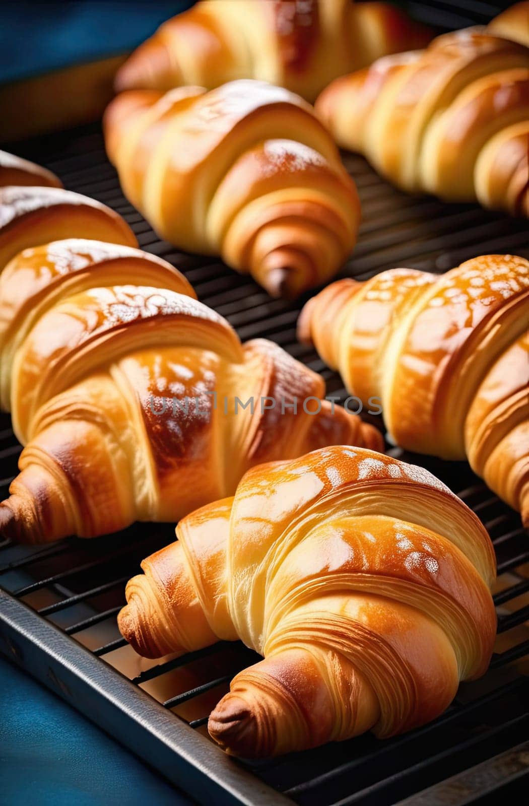 Food. Croissants. Fresh hot and crispy baked goods with filling on a baking sheet. Lots of buns from the oven. Verttkalny. Close-up.