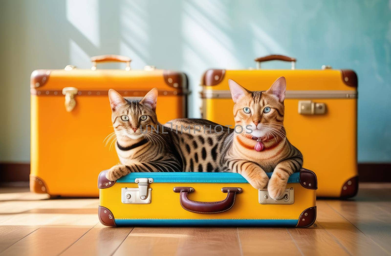 Concept vacation, vacation. Beautiful striped purebred two Bengal cats are sitting on a yellow suitcase in a home interior.