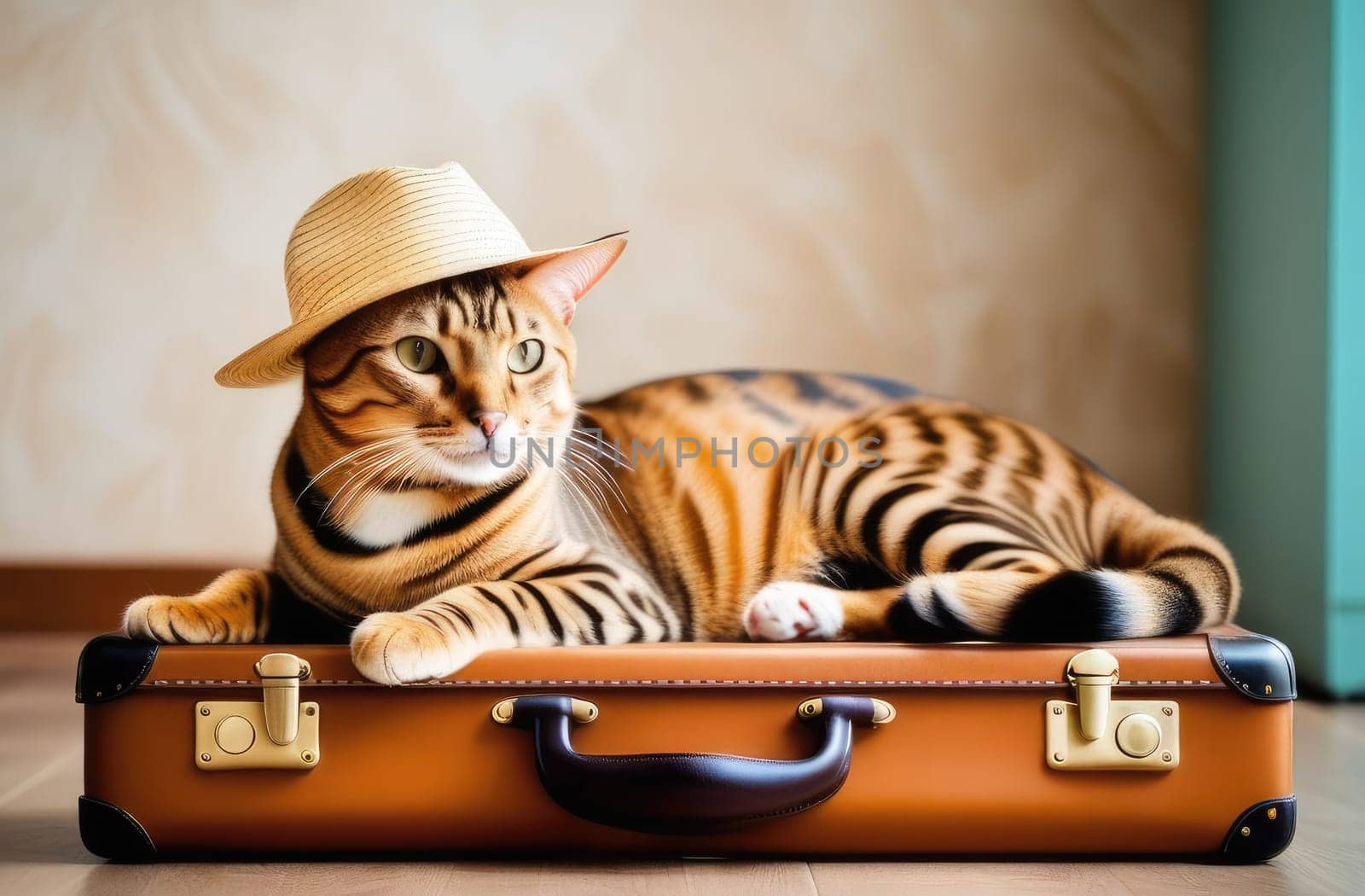 Vacation concept. A beautiful tabby purebred Bengal cat sits on a brown suitcase wearing a hat.