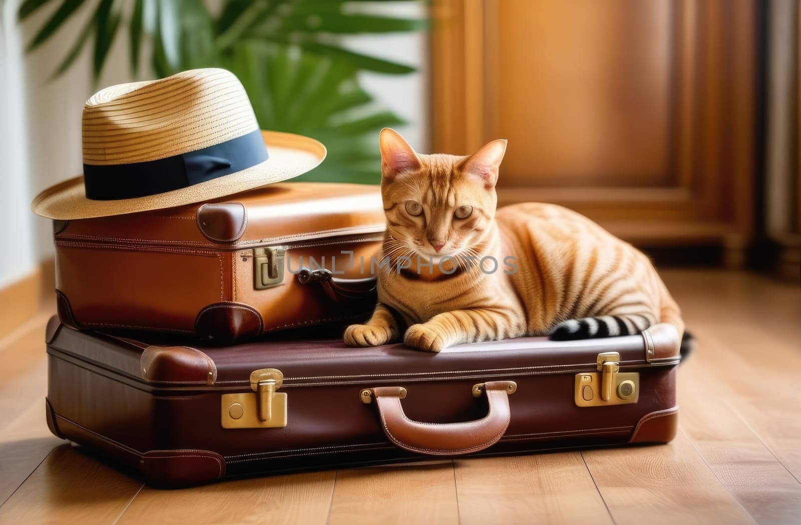 Vacation concept. A beautiful tabby purebred Bengal cat sits on a brown suitcase wearing a hat.