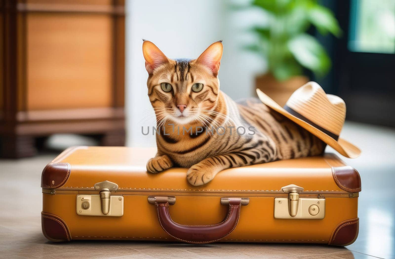 Vacation concept. A beautiful tabby purebred Bengal cat sits on a brown suitcase wearing a hat.