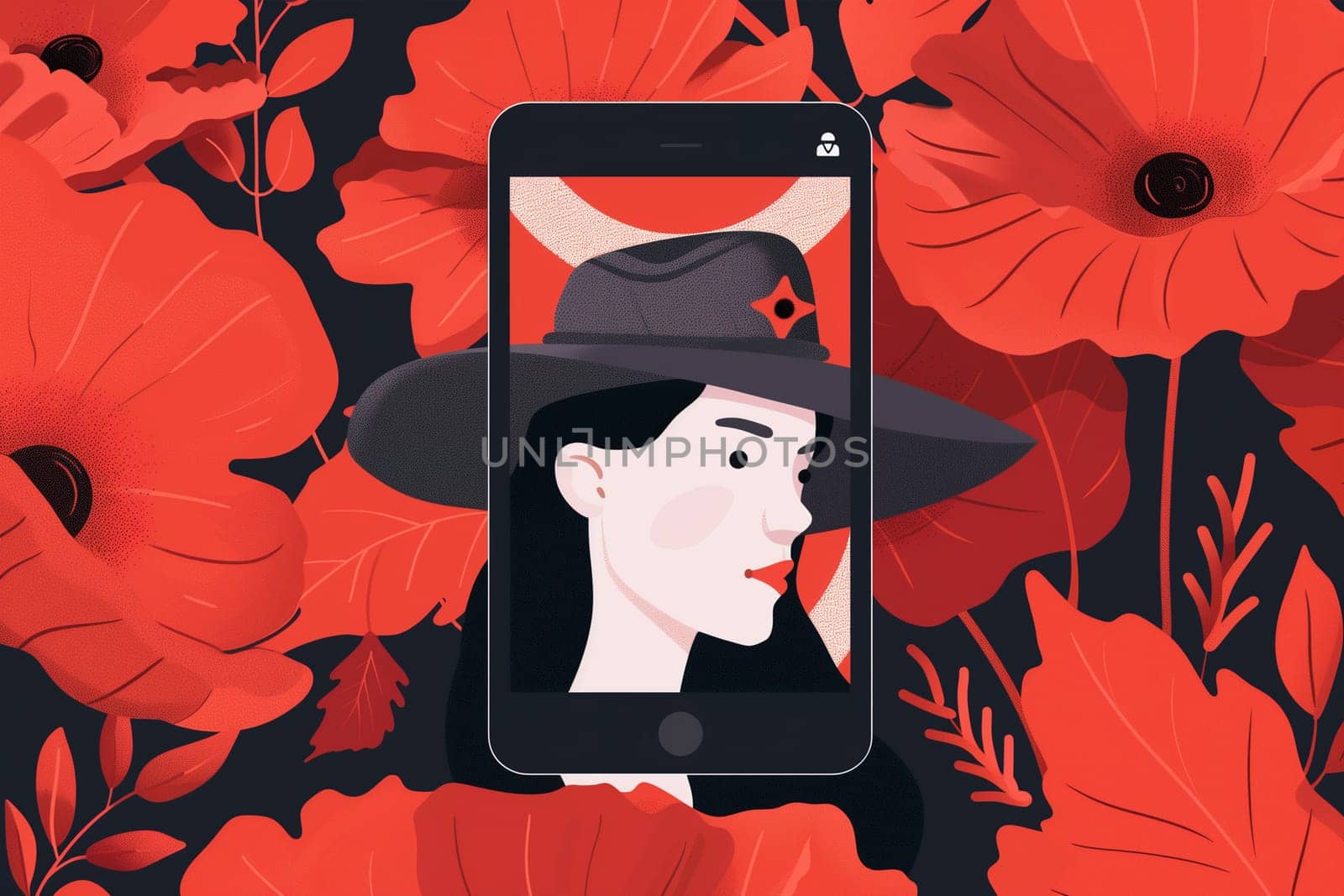 A woman wearing a hat is focused on her phone screen, engrossed in whatever she is viewing or reading. She appears to be standing outdoors, possibly on Anzac Day due to the background.