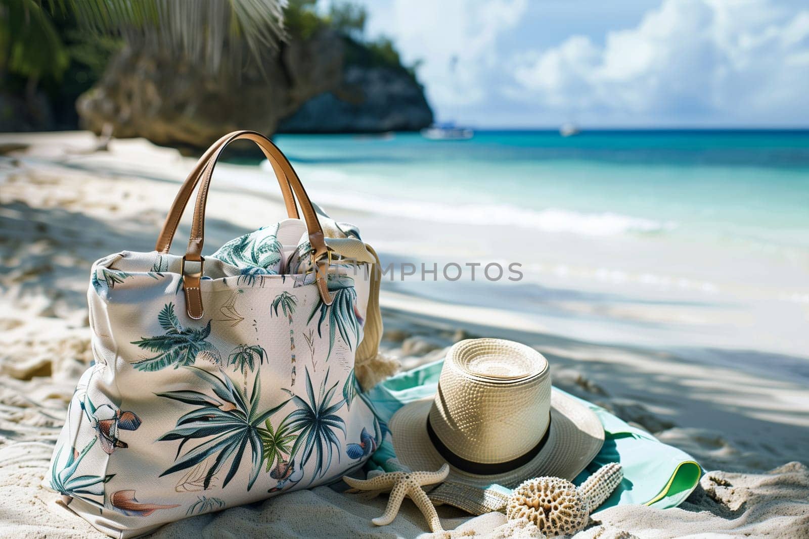 A straw hat and a straw bag rest on the sandy beach, positioned near the waters edge. The items cast a shadow in the sunlight as gentle waves roll onto the shore.