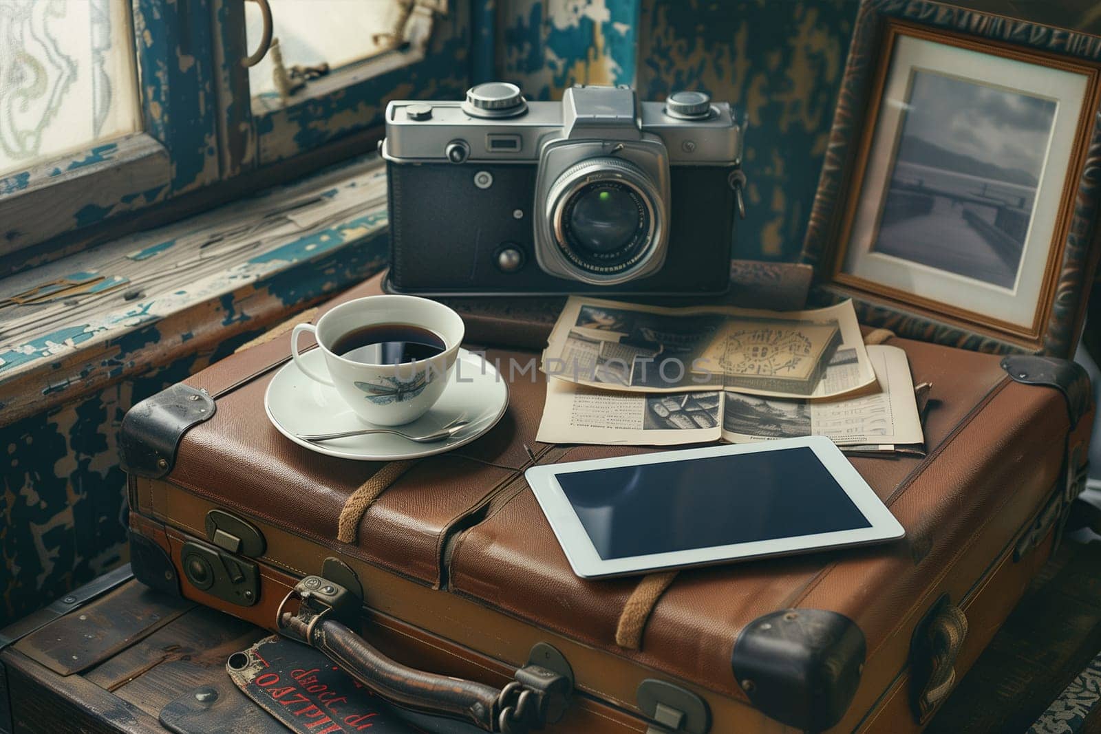 Vintage Suitcase With Camera, Tablet, and Coffee Cup by Sd28DimoN_1976