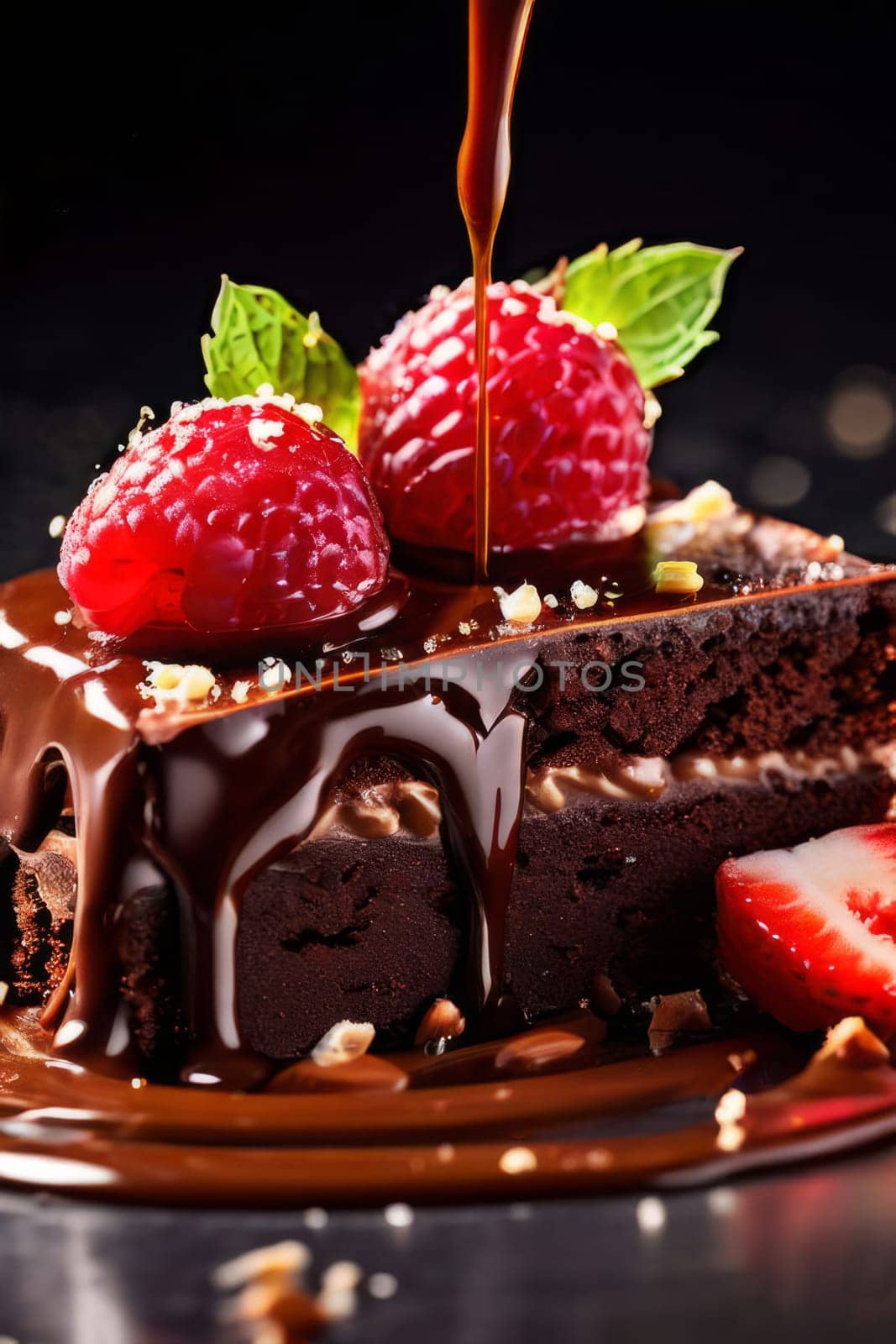 Decadent chocolate cake adorned with fresh strawberries, crunchy nuts, elegantly presented on plate. For restaurant websites, cafe, bakery menus, food blogs, magazines, food, home baking inspiration. by Angelsmoon