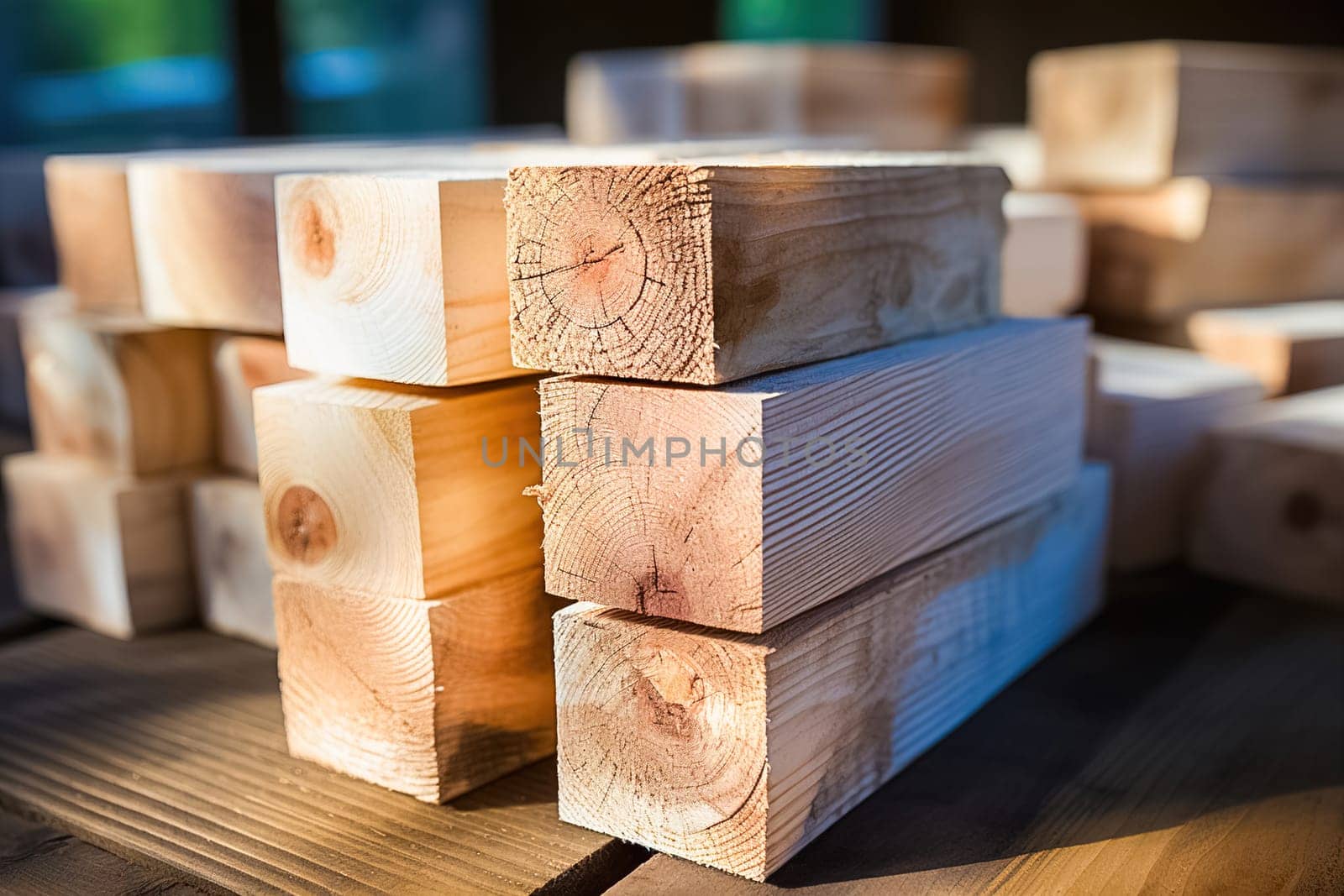 Wooden building blocks in a warehouse. High quality photo