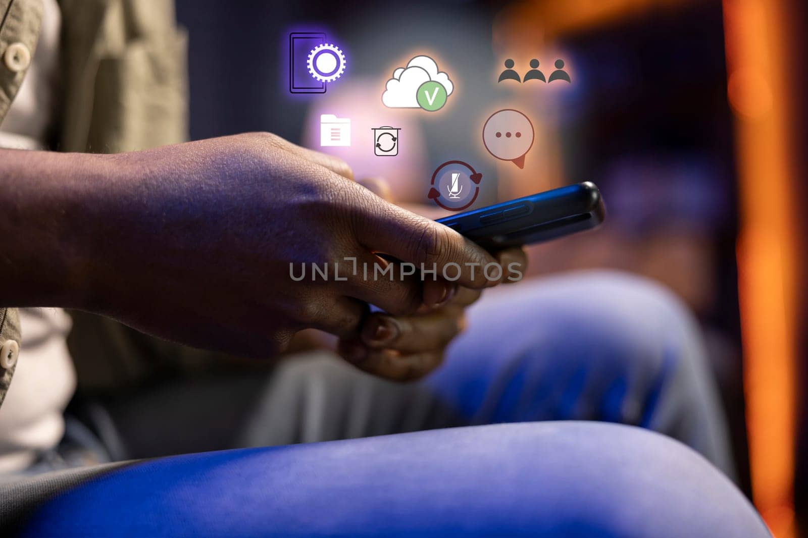 Person at home using phone, interacting with people online using AR technology, close up shot. Internet user spending time online on smartphone, augmented reality visualization