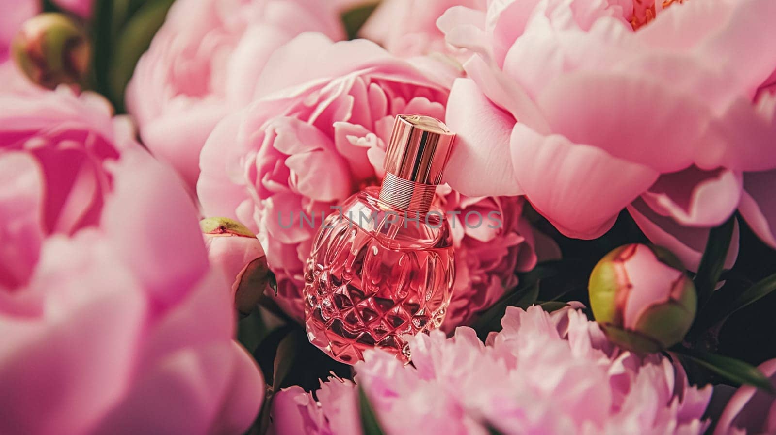 Perfume bottle in flowers, fragrance on blooming background, floral scent and cosmetic product by Anneleven