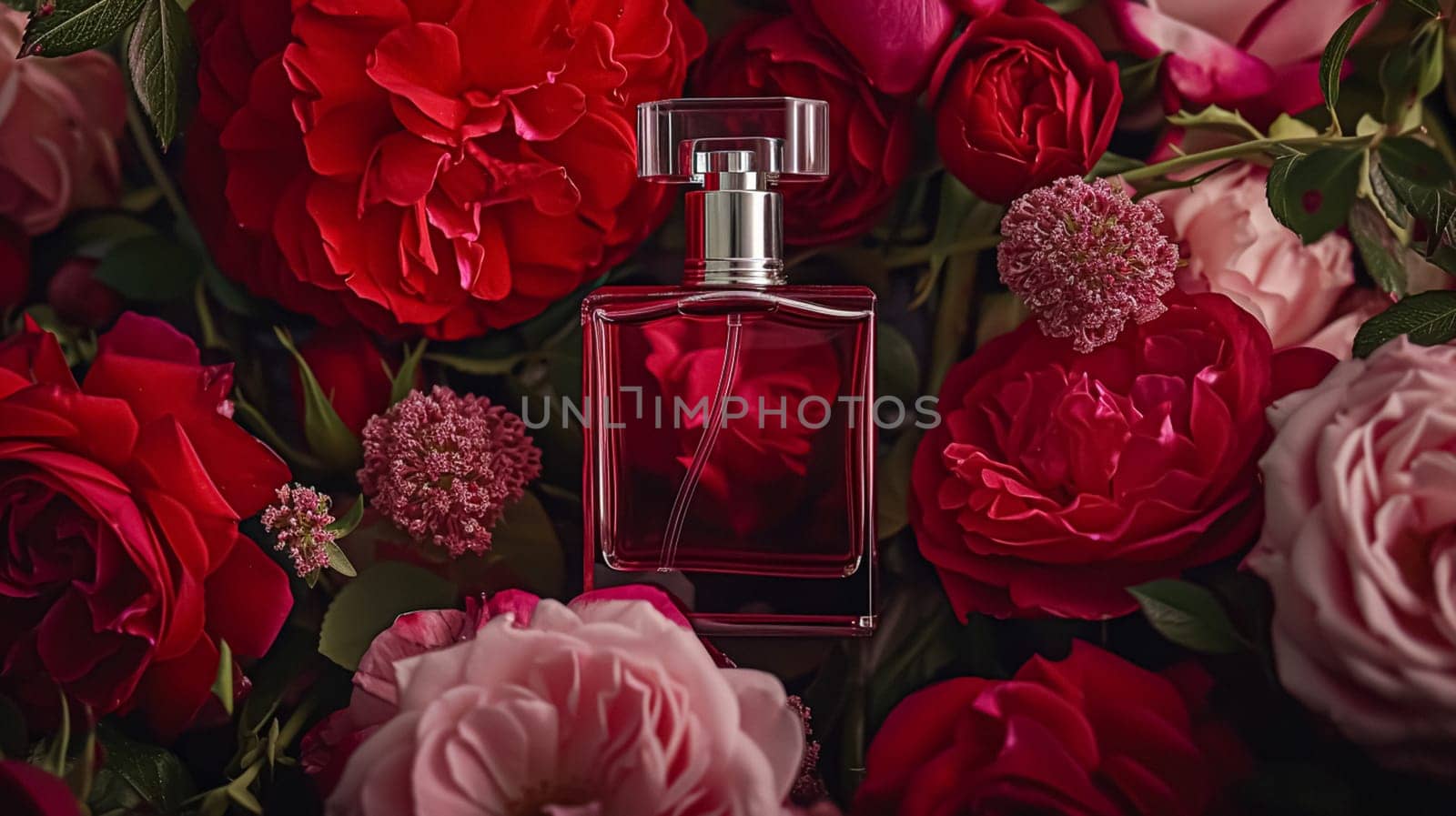 Perfume bottle in flowers, fragrance on blooming background, floral scent and cosmetic product by Anneleven