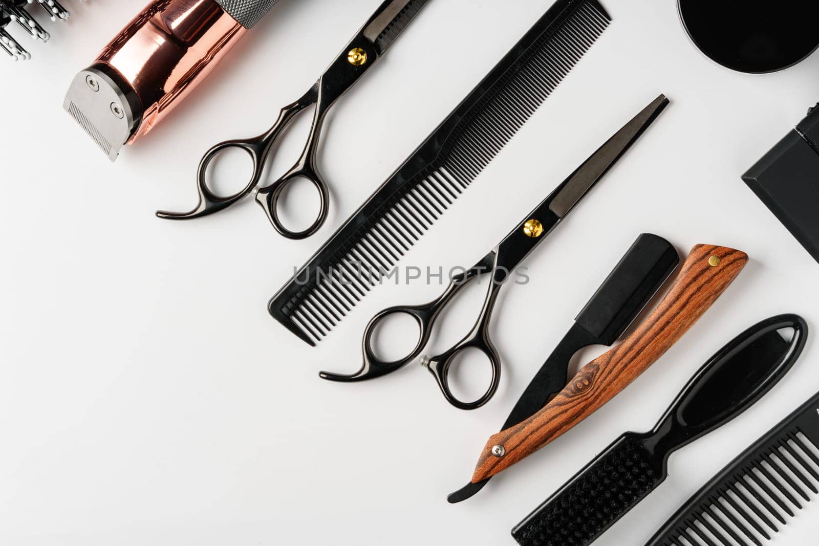 Set of barber tools for haircut on gray background flat lay by Fabrikasimf