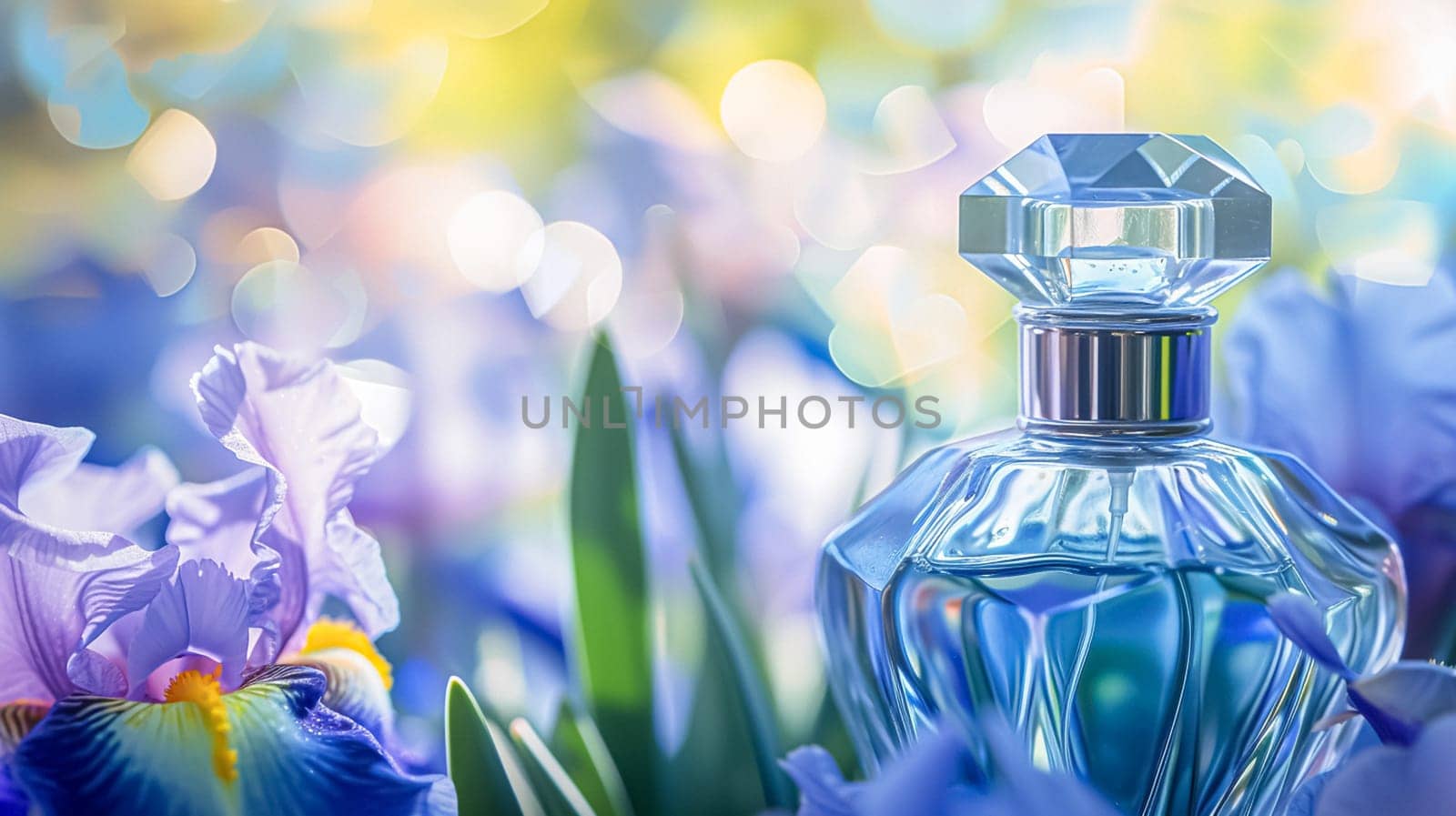 Perfume bottle in flowers, fragrance on blooming background, floral scent and cosmetic product by Anneleven