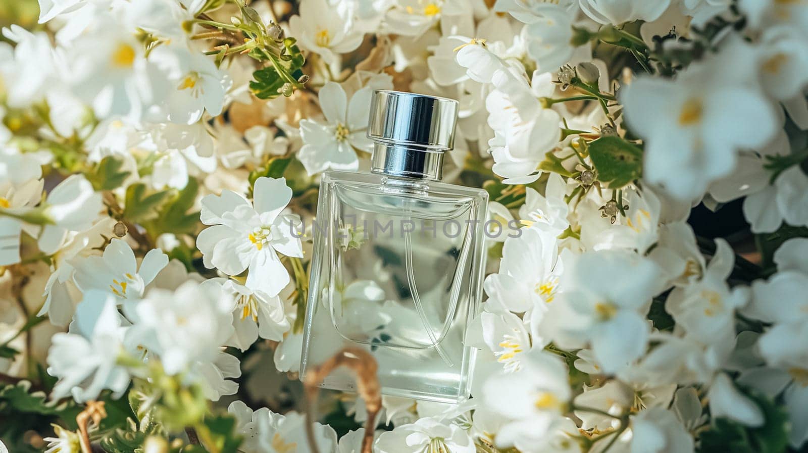 Perfume bottle in flowers, fragrance on blooming background, floral scent and cosmetic product idea