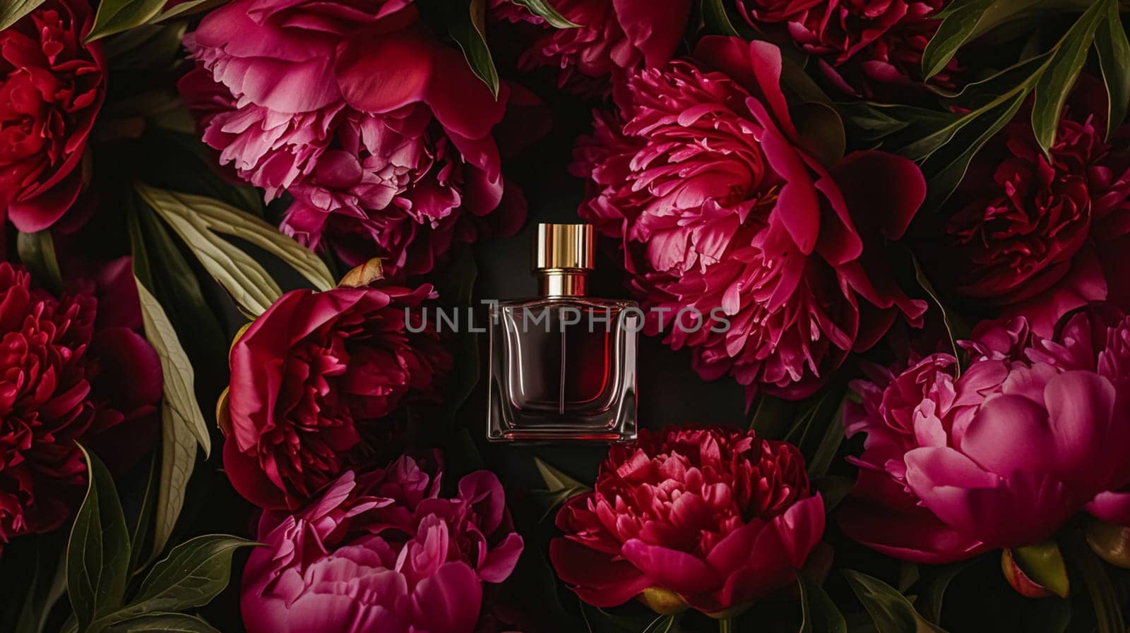 Perfume bottle in flowers, fragrance on blooming background, floral scent and cosmetic product by Anneleven