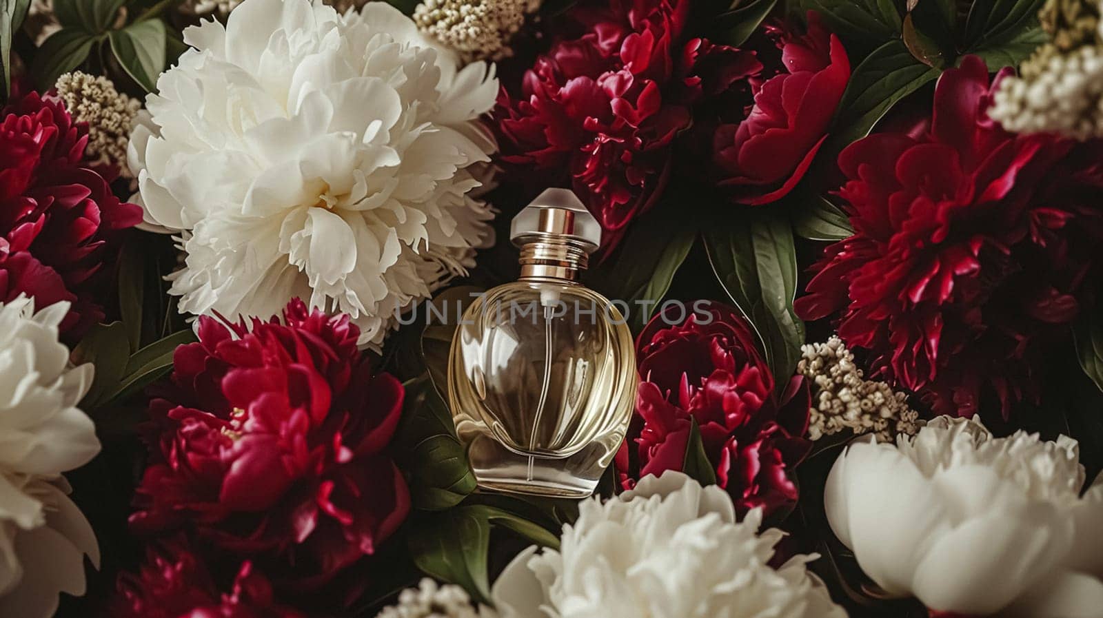 Perfume bottle in flowers, fragrance on blooming background, floral scent and cosmetic product by Anneleven