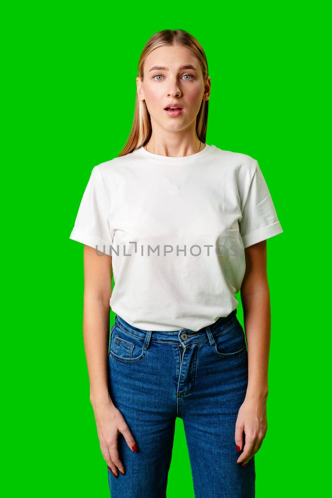 Young Woman in White T-shirt Making a Surprised Face by Fabrikasimf
