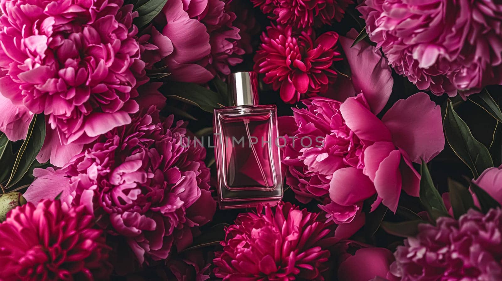 Perfume bottle in flowers, fragrance on blooming background, floral scent and cosmetic product by Anneleven