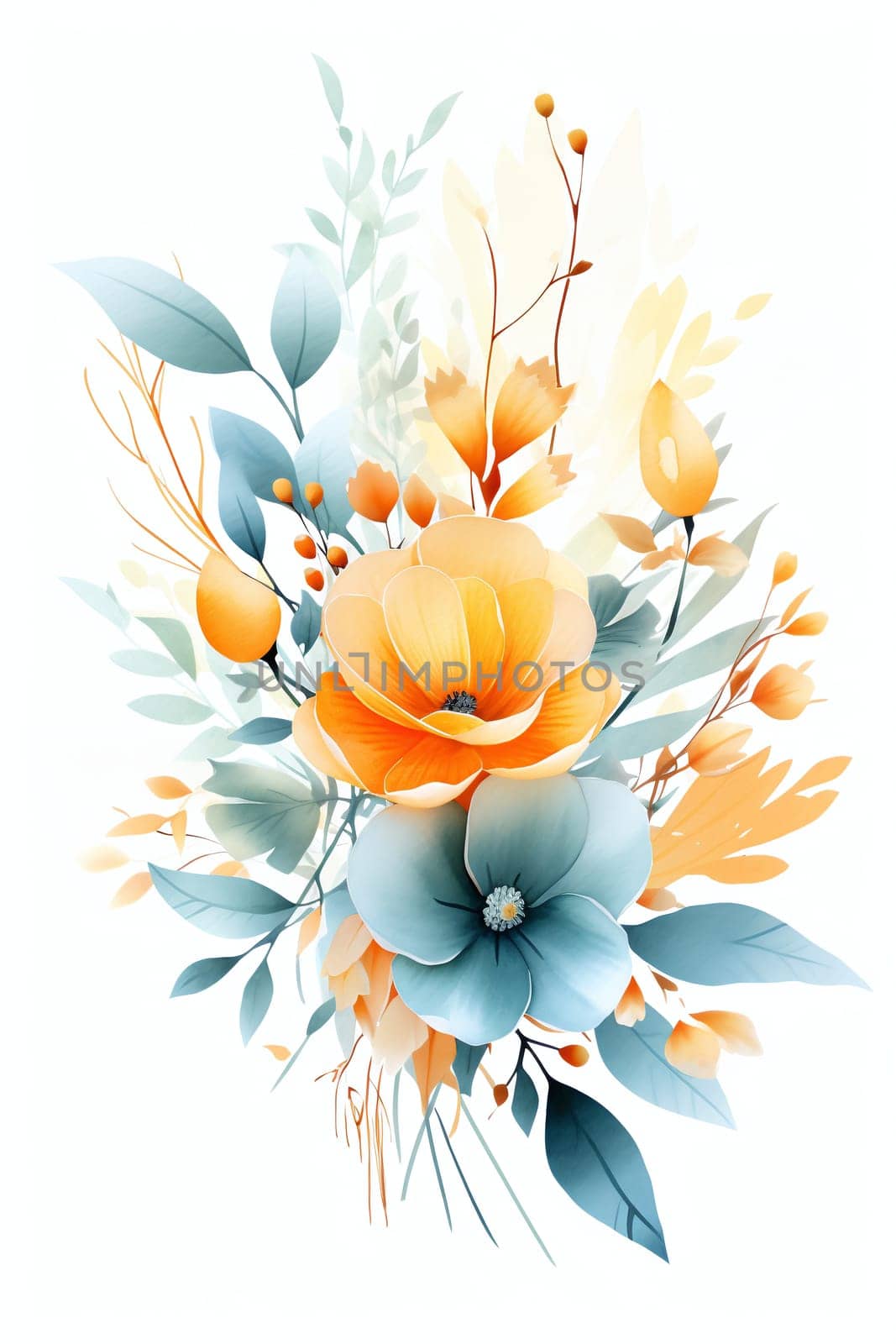A beautifully arranged bouquet featuring large orange and muted blue blooms surrounded by delicate yellow flowers and green foliage. Calm and the beauty of a fall season garden - Generative AI
