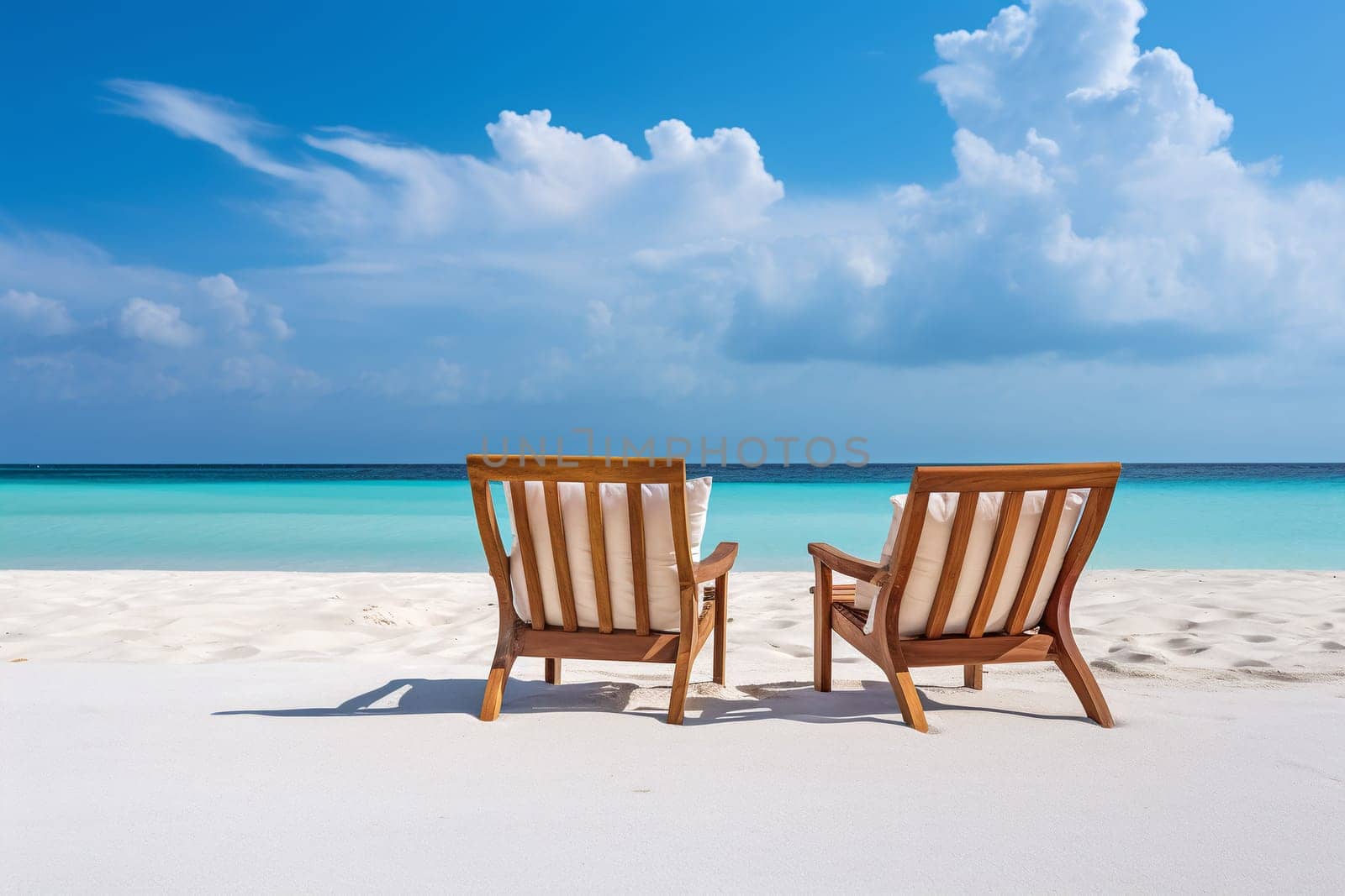 A pair of wooden lounge chairs facing the calm, turquoise sea on a pristine white sand beach under a clear blue sky - Generative AI