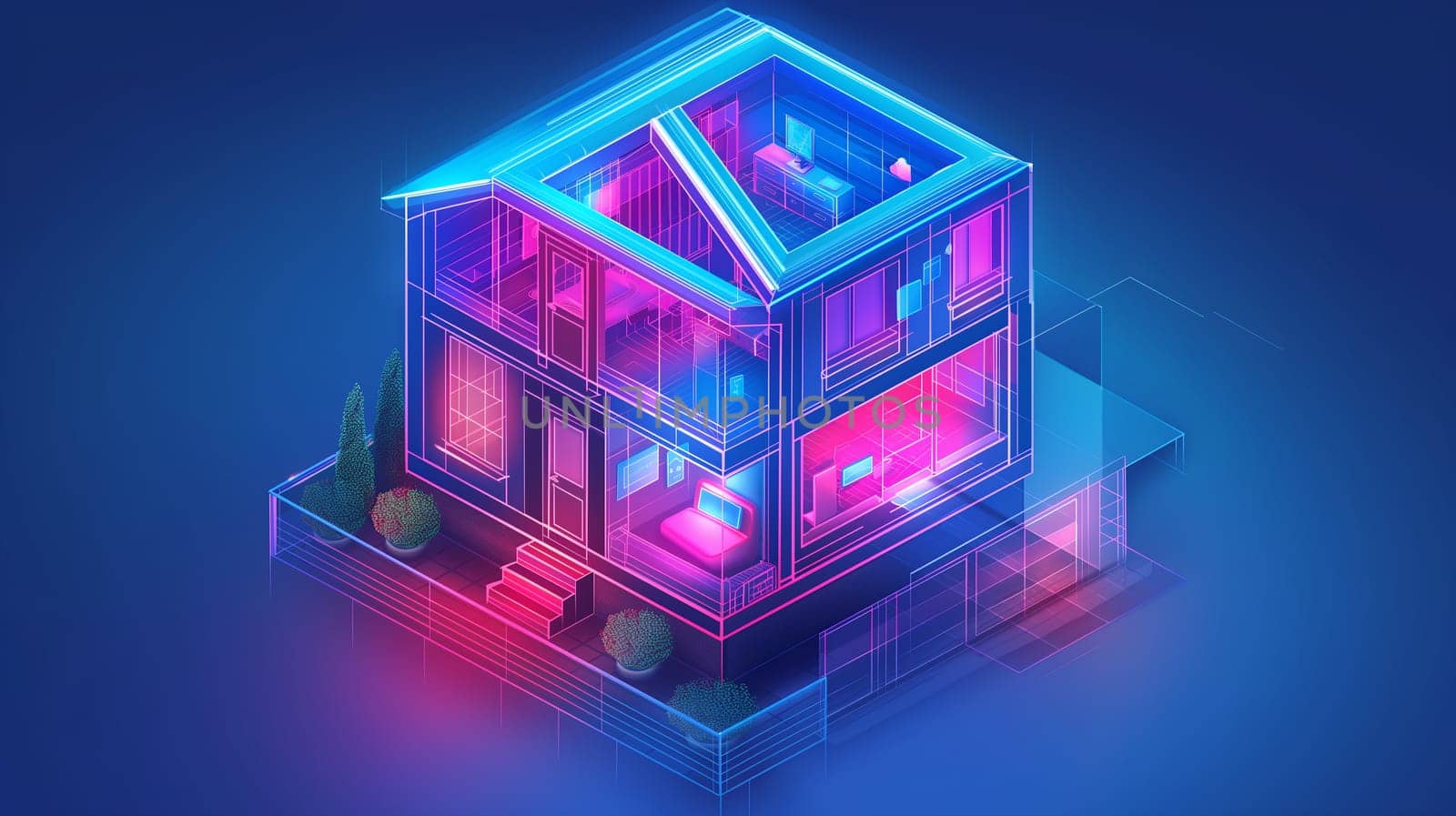 A futuristic two-story smart home glows with neon lighting, showcasing advanced technology and modern design in the stillness of the night - Generative AI