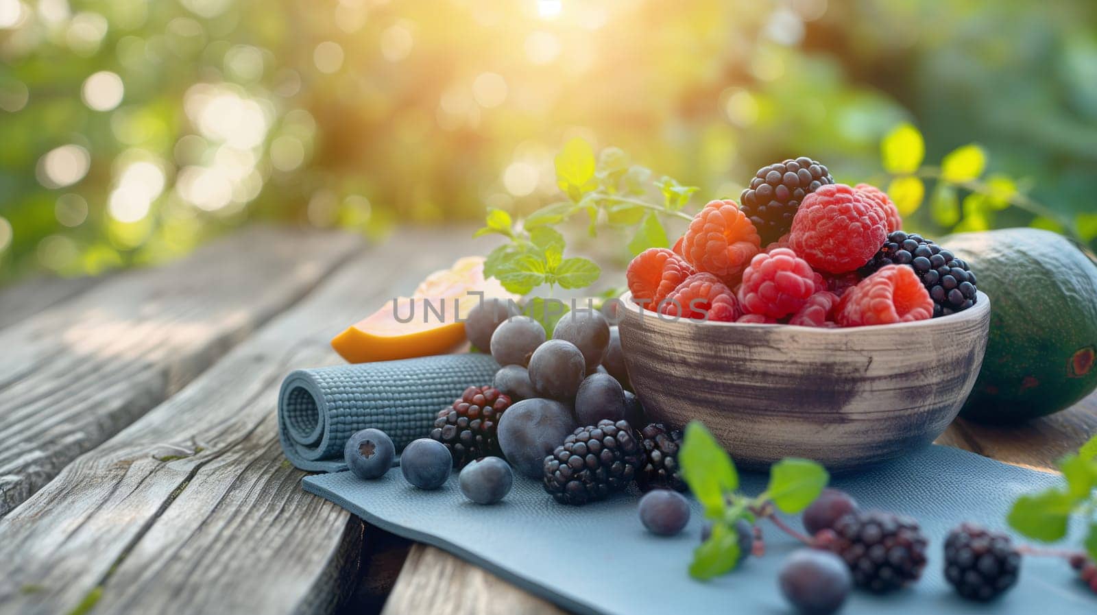 A bowl of fresh berries sits on a yoga mat amidst lush greenery, bathed in the warm glow of the morning sun, suggesting a healthy start to the day - Generative AI