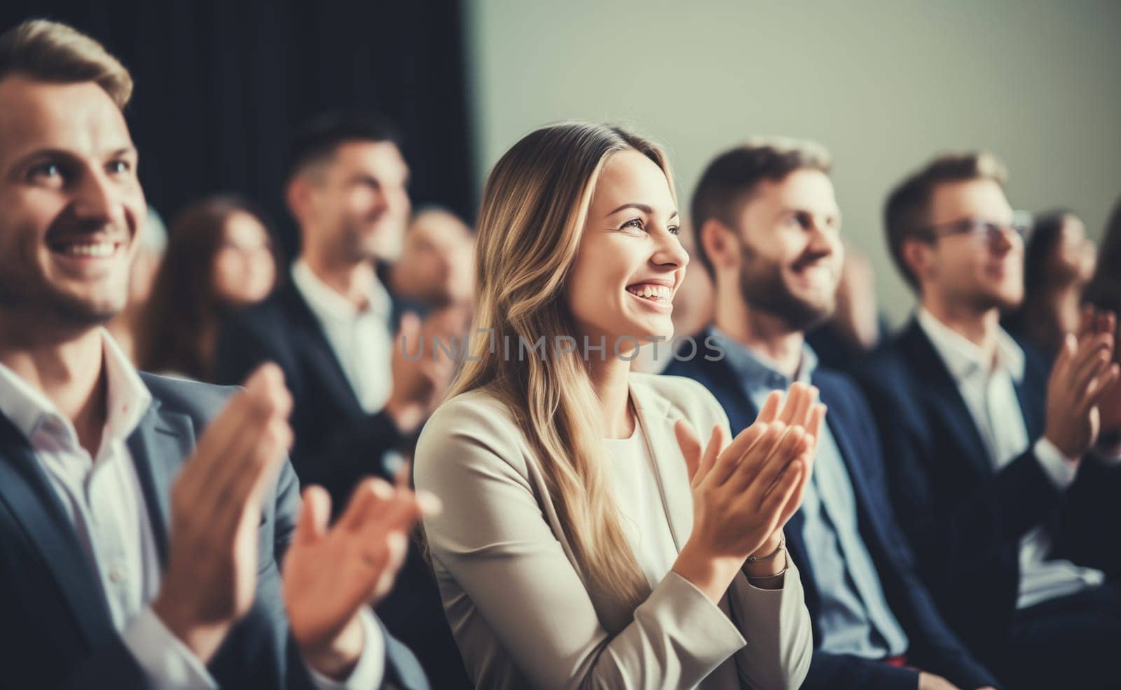 Group of happy smiling business people at a seminar, official meeting, people in business formal clothes listening to a speech