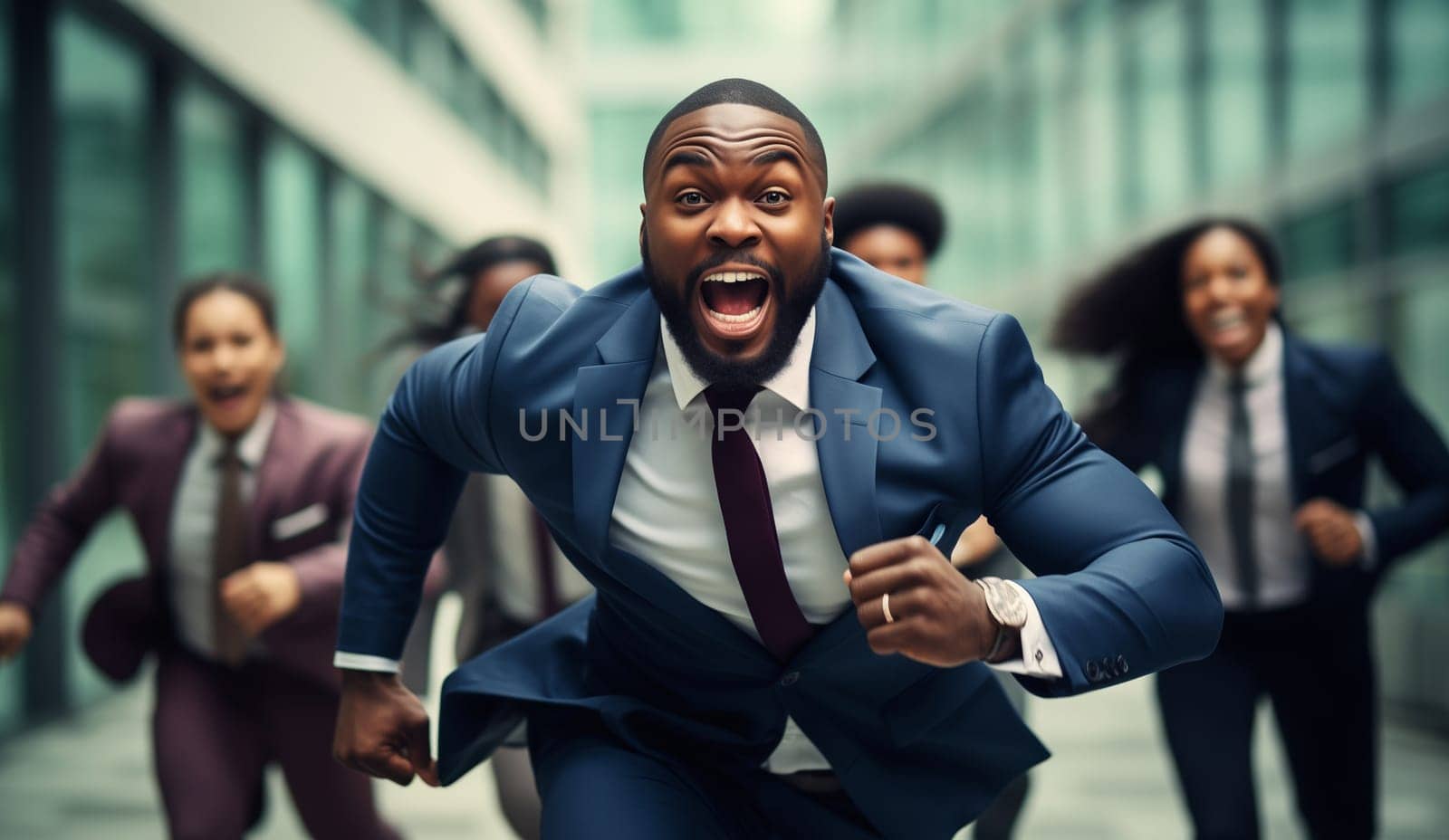 Funny running joyful black businessman with colleagues having a race in the office, business people having fun together