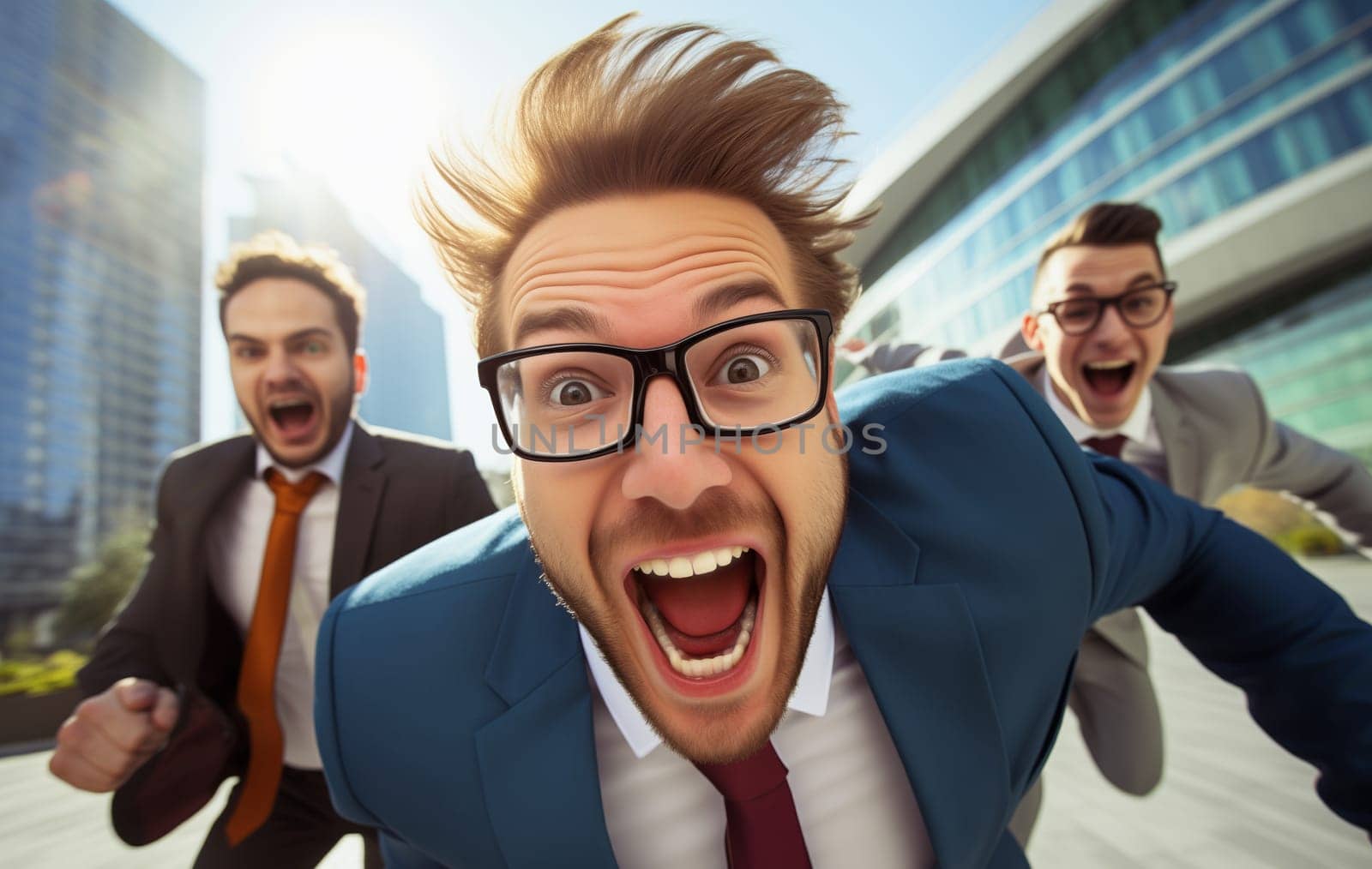 Funny running joyful businessman with colleagues having a race in the office, business people having fun together