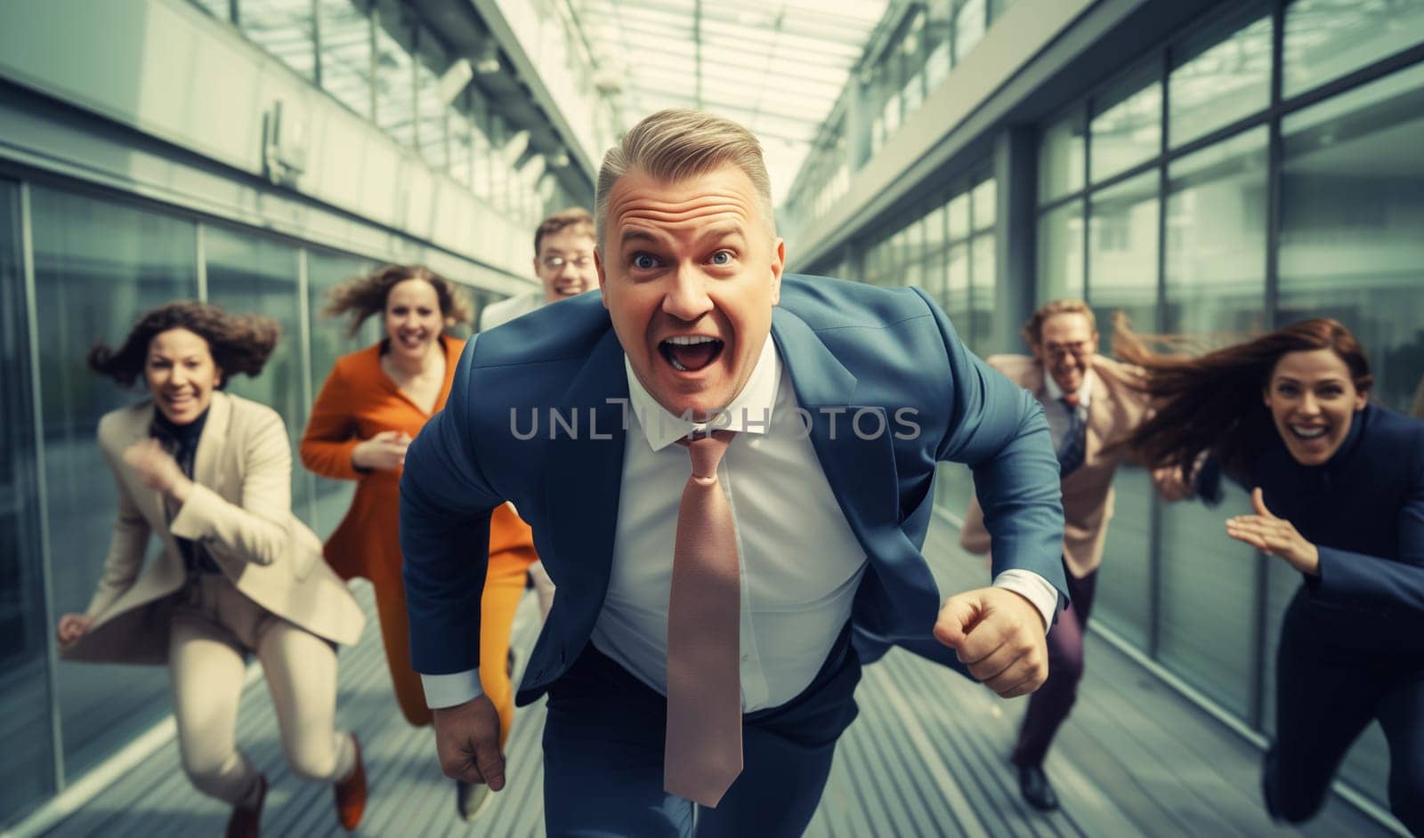 Funny running joyful businessman with colleagues having a race in the office, business people having fun together