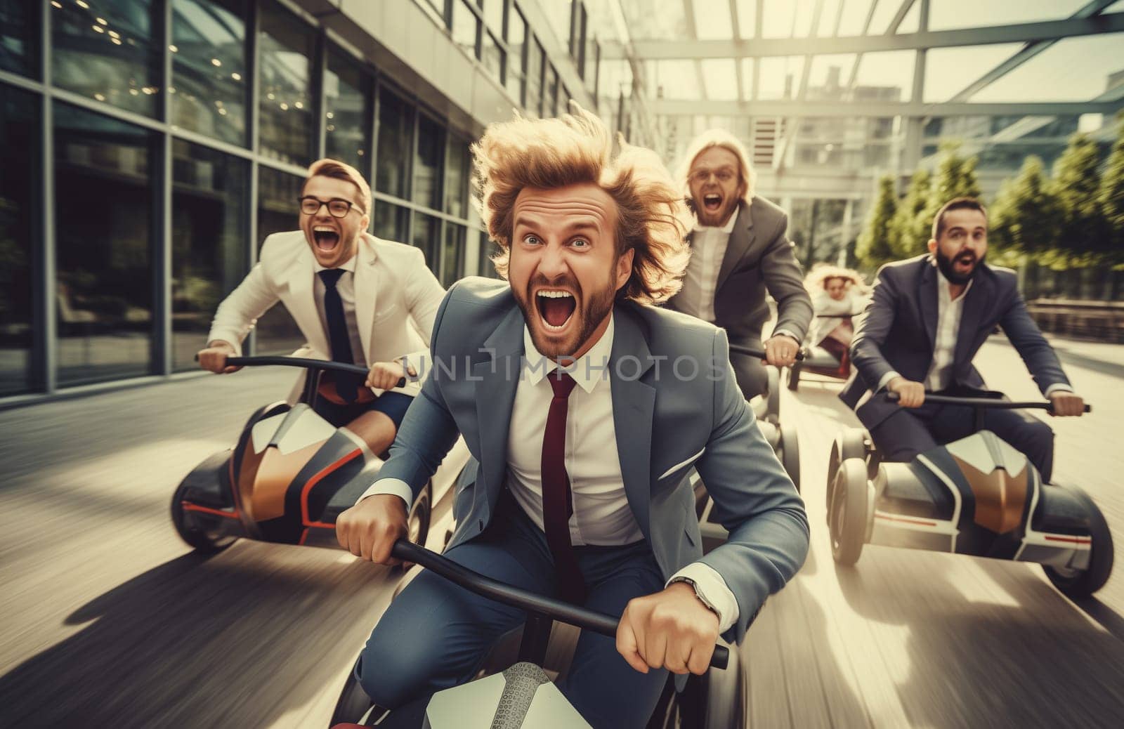 Funny running joyful businessman with colleagues having a race in the office, business people having fun together