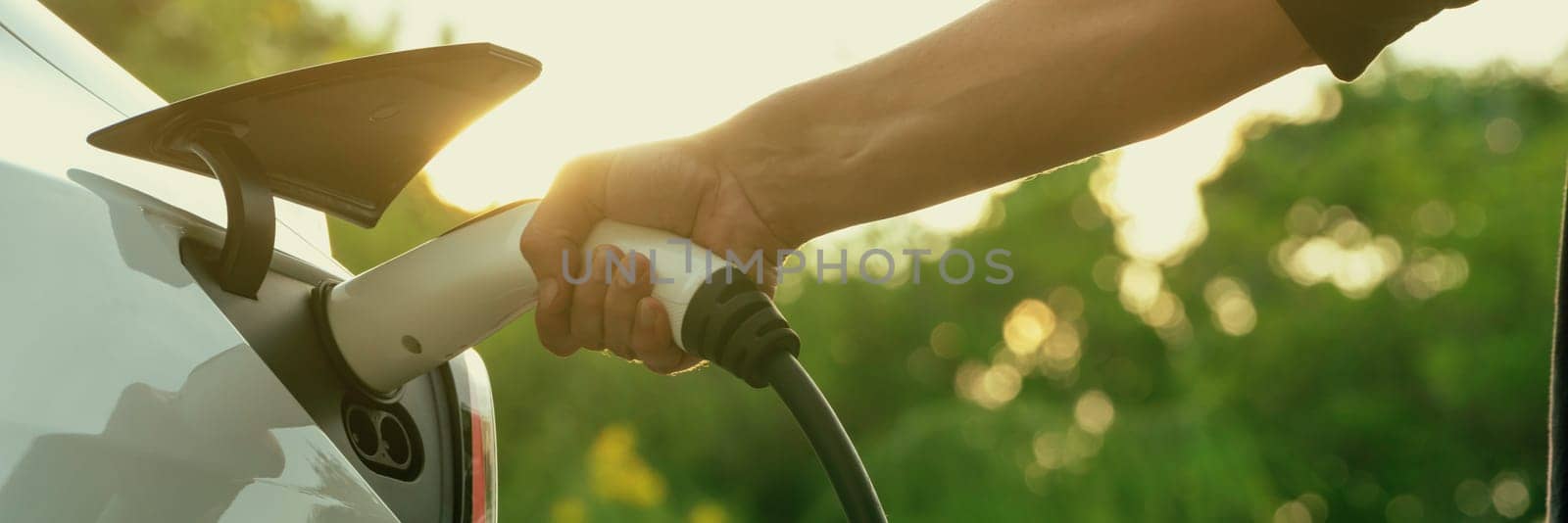 Man recharging battery for electric car during road trip travel EV car in natural forest or national park with sunrise lighting. Eco friendly travel during vacation and holiday. Panorama Exalt