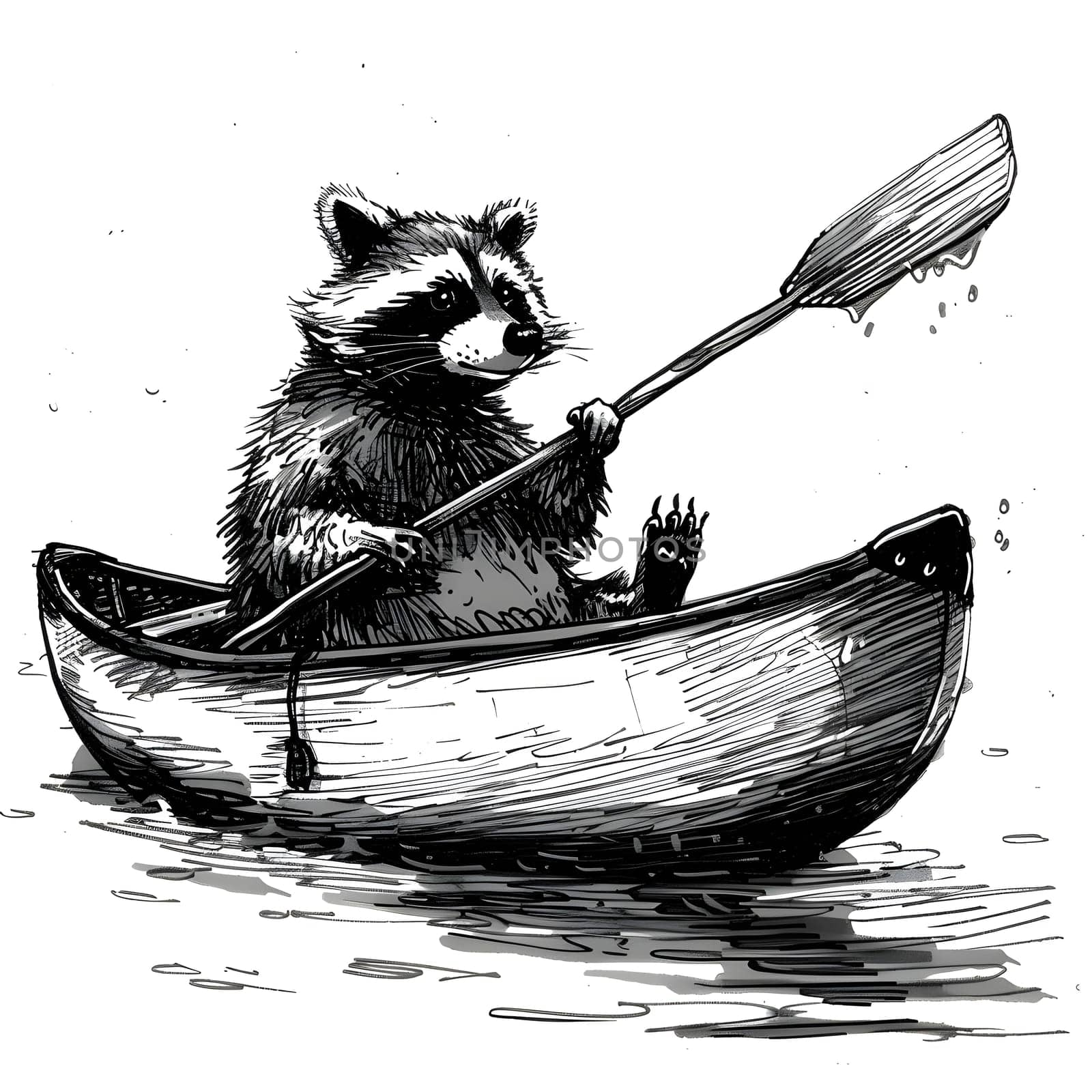 Monochrome illustration of a raccoon in a boat with a paddle by Nadtochiy