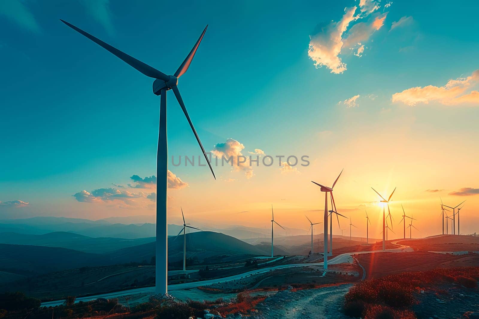 Wind power plant and technology. Smart grid. Renewable energy. Sustainable resources by Manastrong