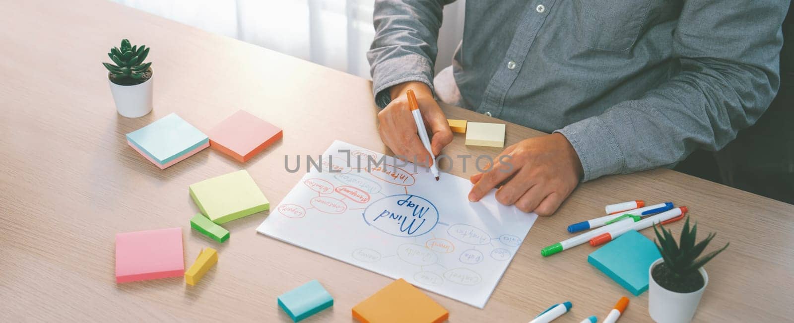 Skilled businessman brainstorms marketing ideas using mind maps. Successful male startup leader drafts financial plan on table with sticky notes scatter around. Closeup. Focus on hand.Variegated.