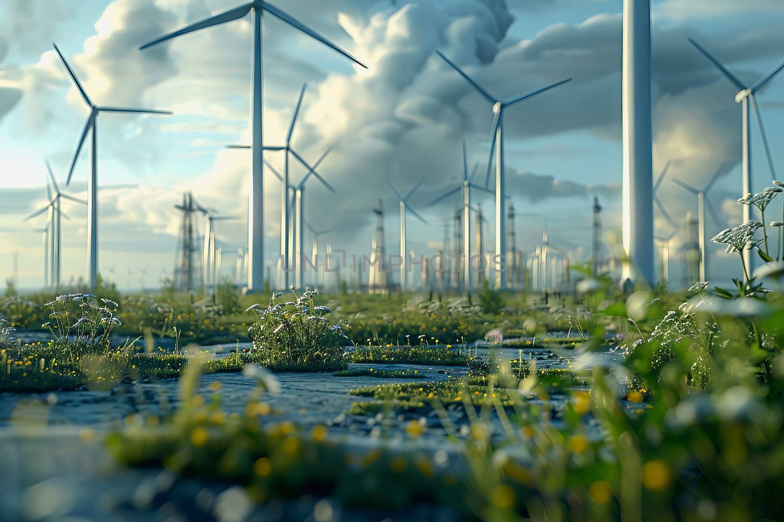 Wind power plant and technology. Smart grid. Renewable energy. Sustainable resources.