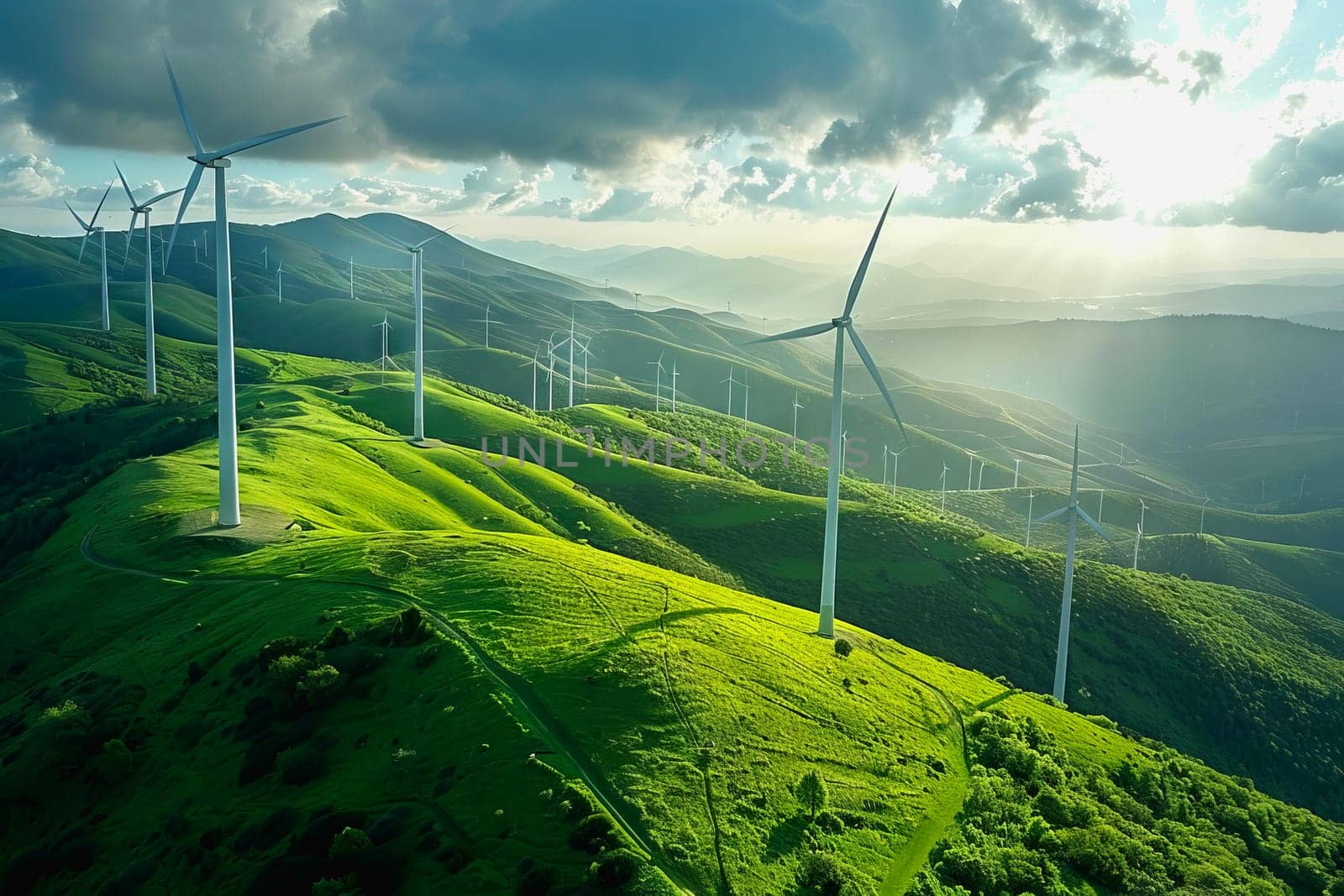 Wind power plant and technology. Smart grid. Renewable energy. Sustainable resources.