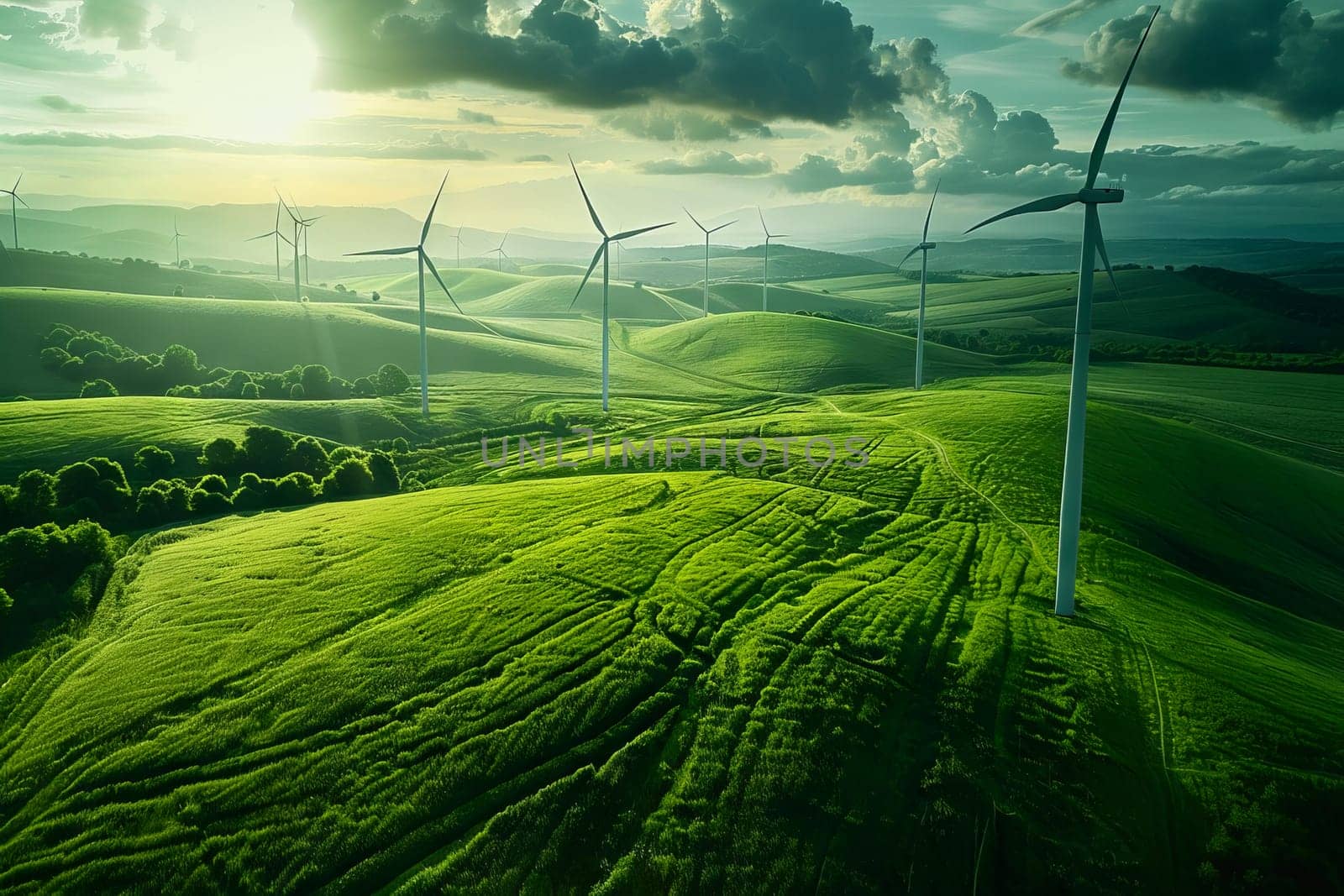 Wind power plant and technology. Smart grid. Renewable energy. Sustainable resources by Manastrong