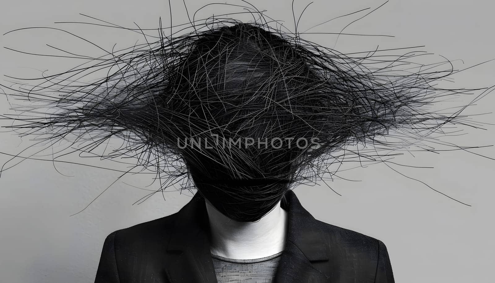 A person wearing a mask with hair cascading down their neck, sleeves adorned with fur, and eyelashes peeping out. A fashion accessory is worn on the head, creating a striking monochrome art image