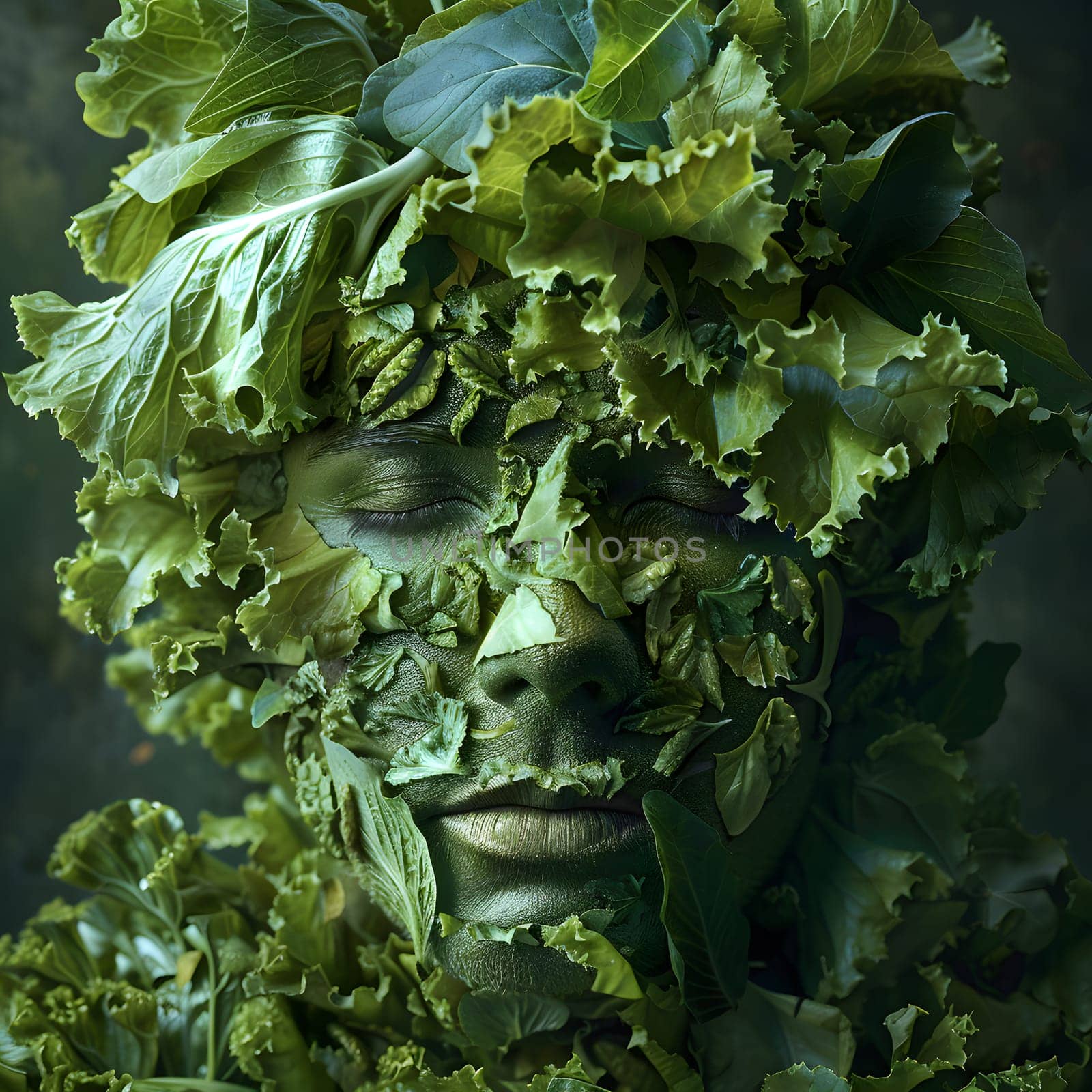 A closeup shot featuring a persons face covered in lettuce leaves, resembling a form of military camouflage in a jungle setting an artistic portrayal of nature and human connection